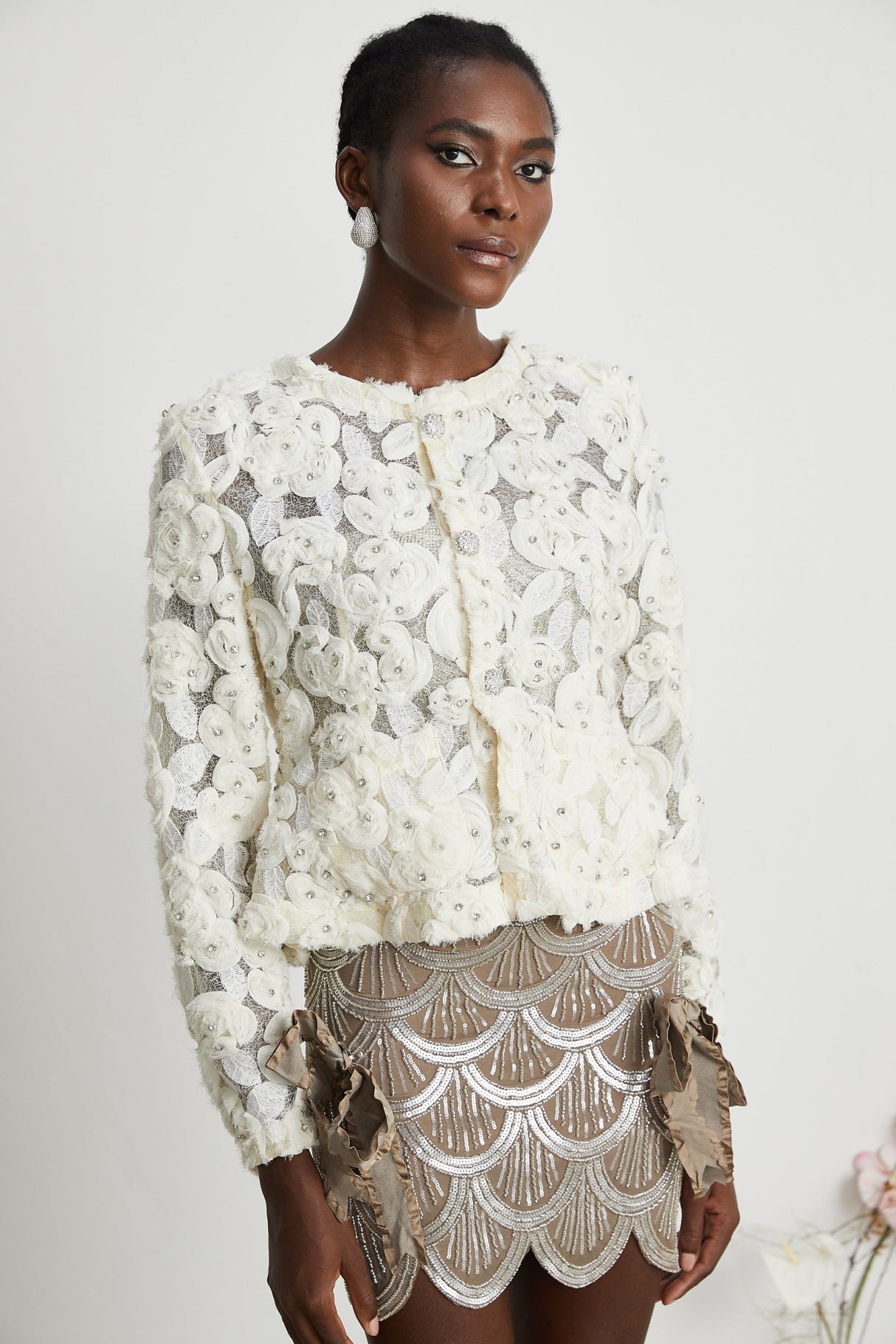 London Jacket White Floral Mesh Crystal & Buttons