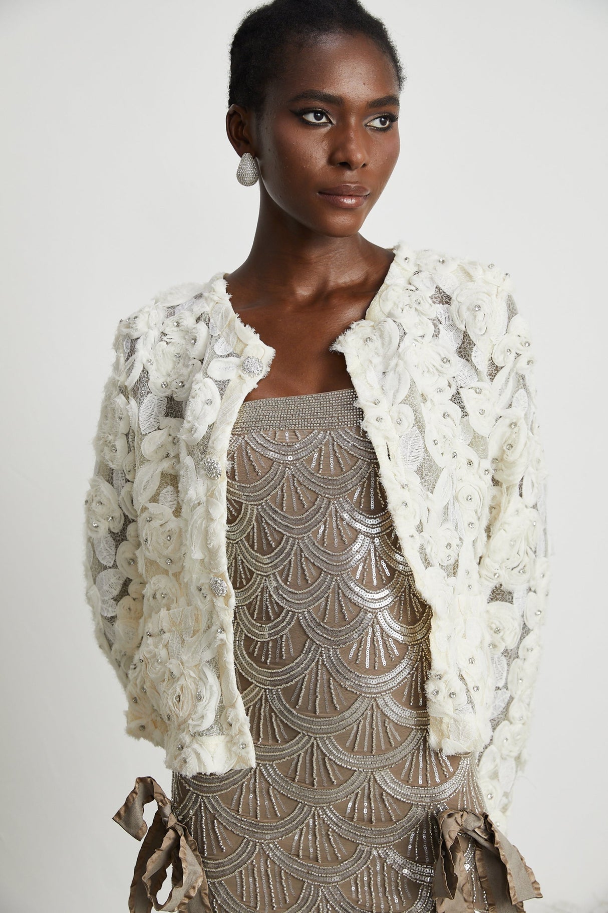 London Jacket White Floral Mesh Crystal & Buttons