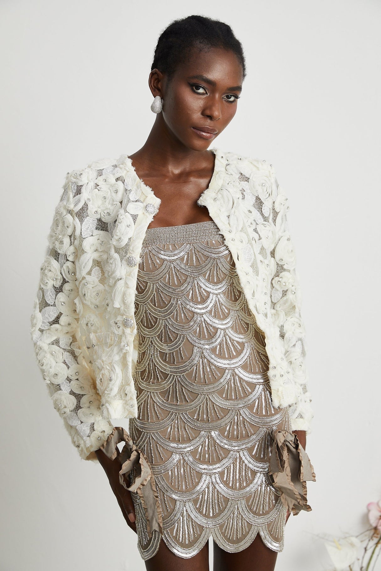 London Jacket White Floral Mesh Crystal & Buttons