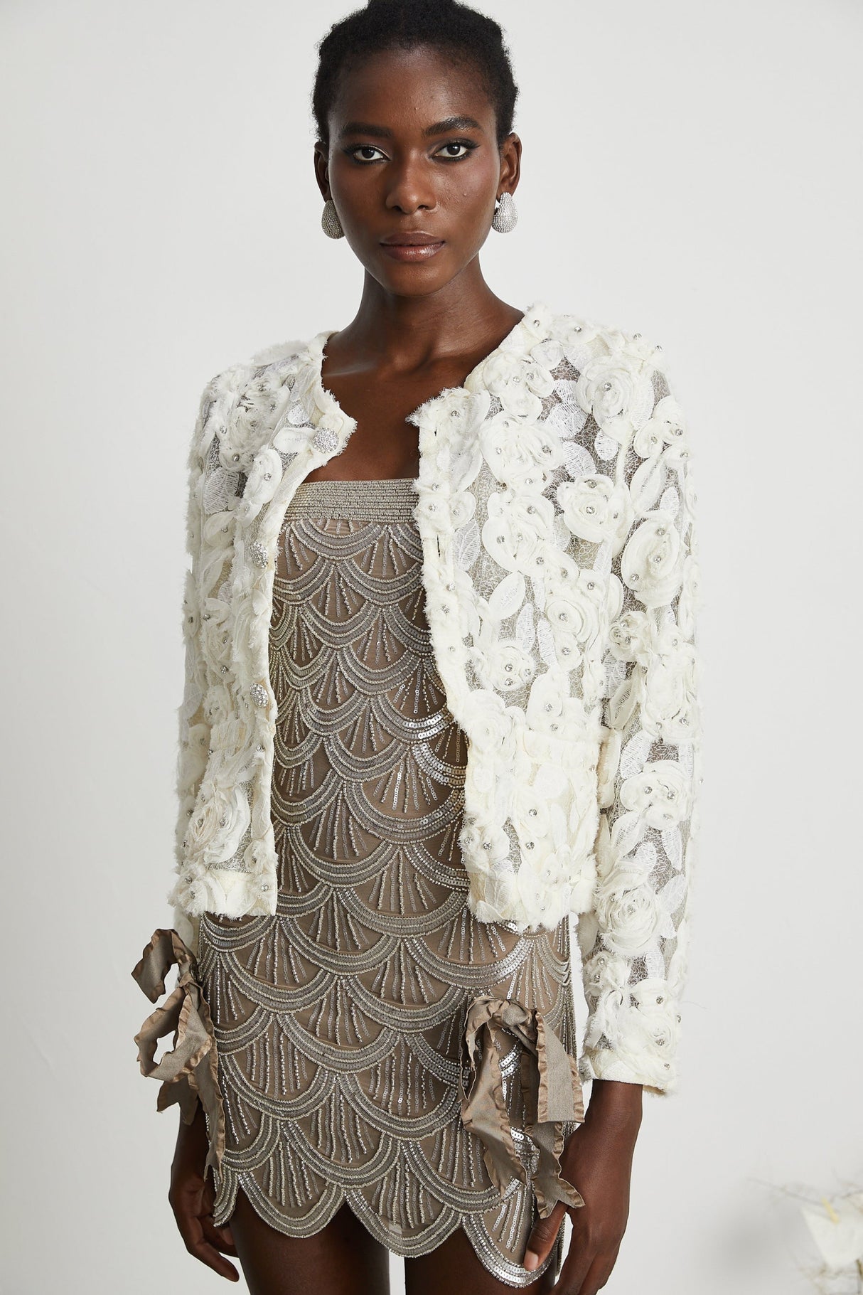 London Jacket White Floral Mesh Crystal & Buttons