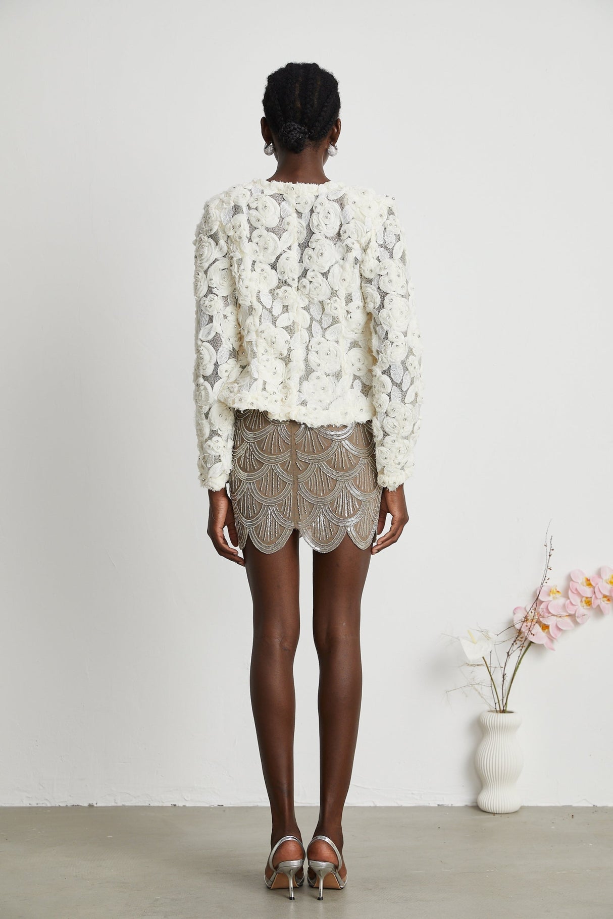 London Jacket White Floral Mesh Crystal & Buttons