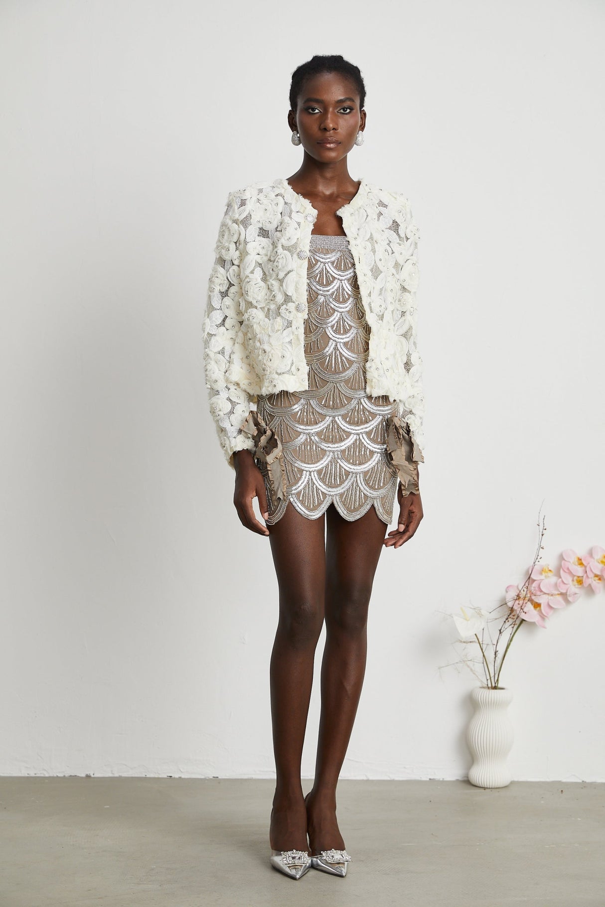 London Jacket White Floral Mesh Crystal & Buttons