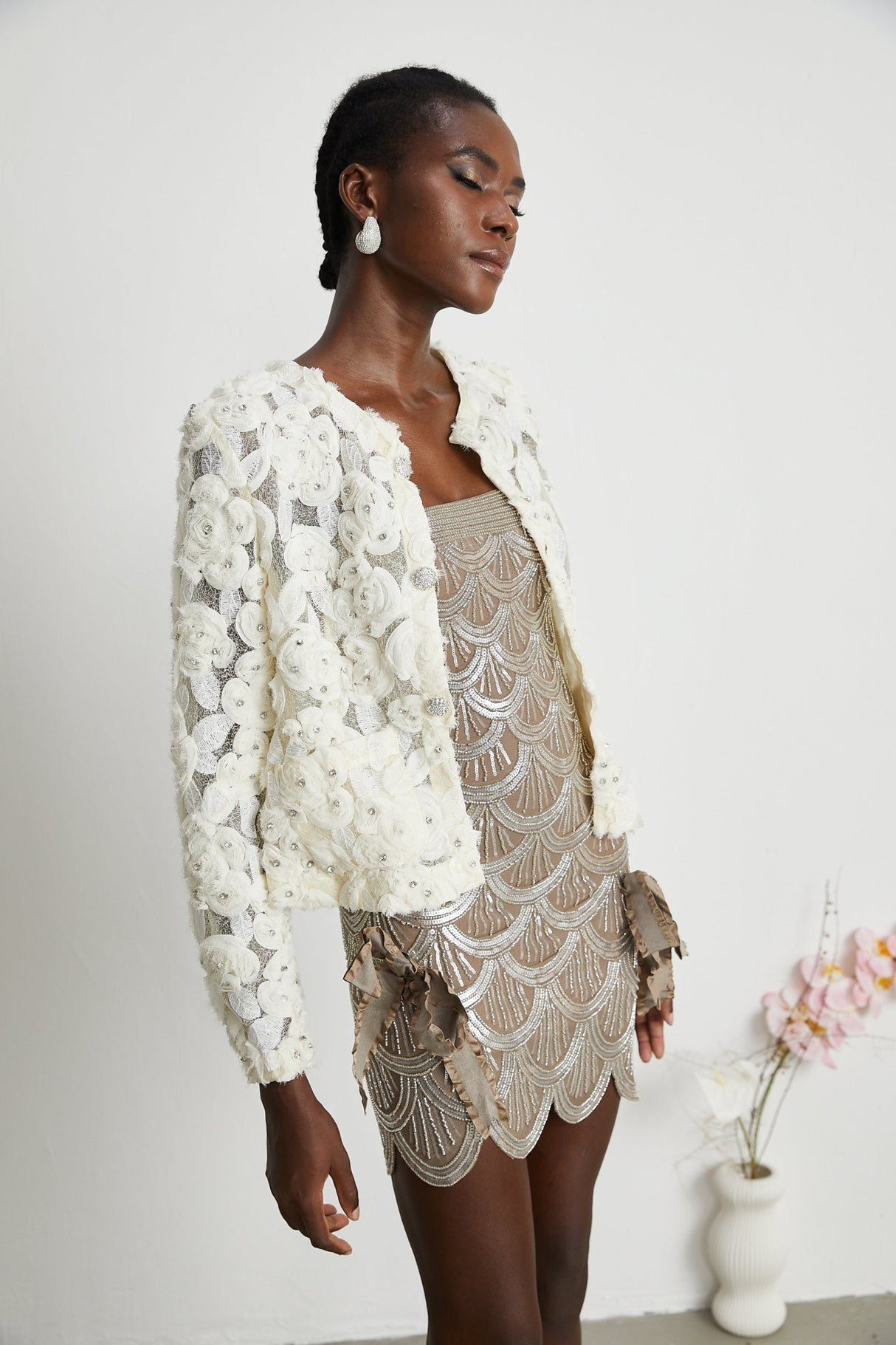 London Jacket White Floral Mesh Crystal & Buttons