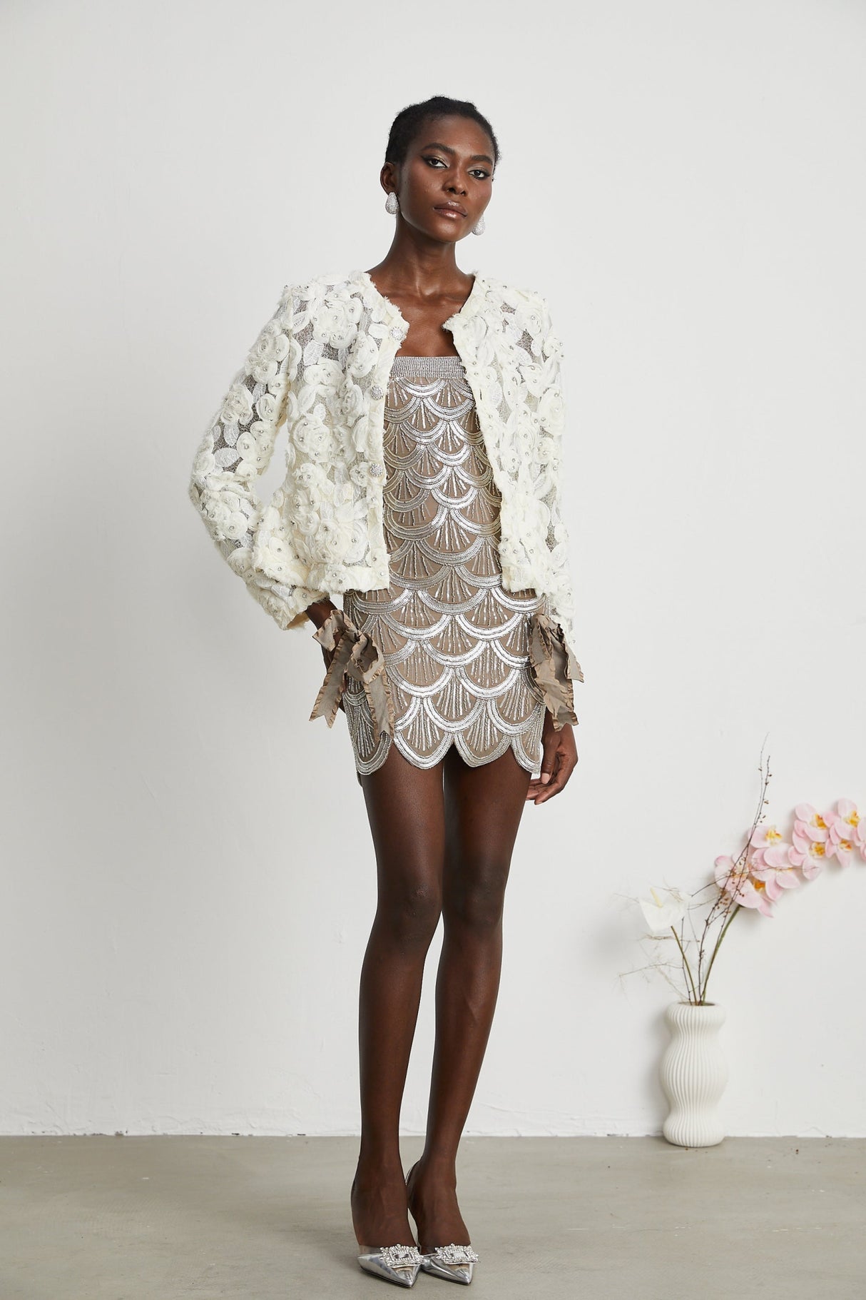 London Jacket White Floral Mesh Crystal & Buttons