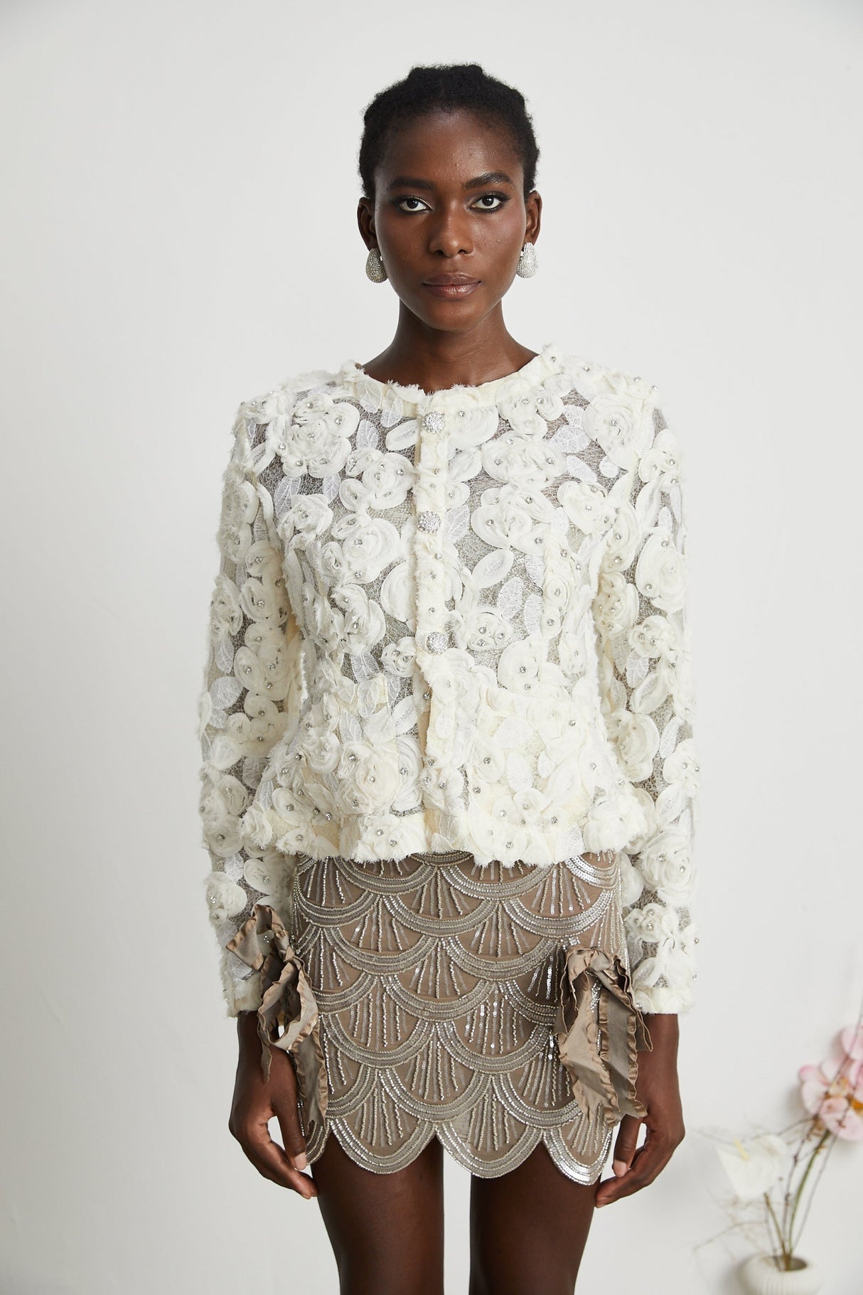 London Jacket White Floral Mesh Crystal & Buttons