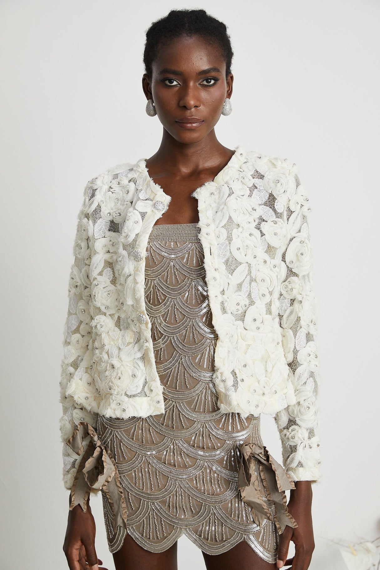 London Jacket White Floral Mesh Crystal & Buttons