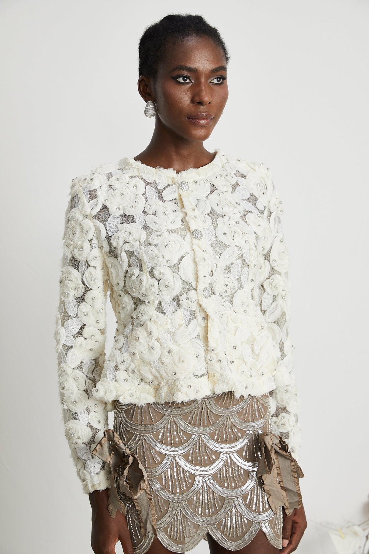 London Jacket White Floral Mesh Crystal & Buttons