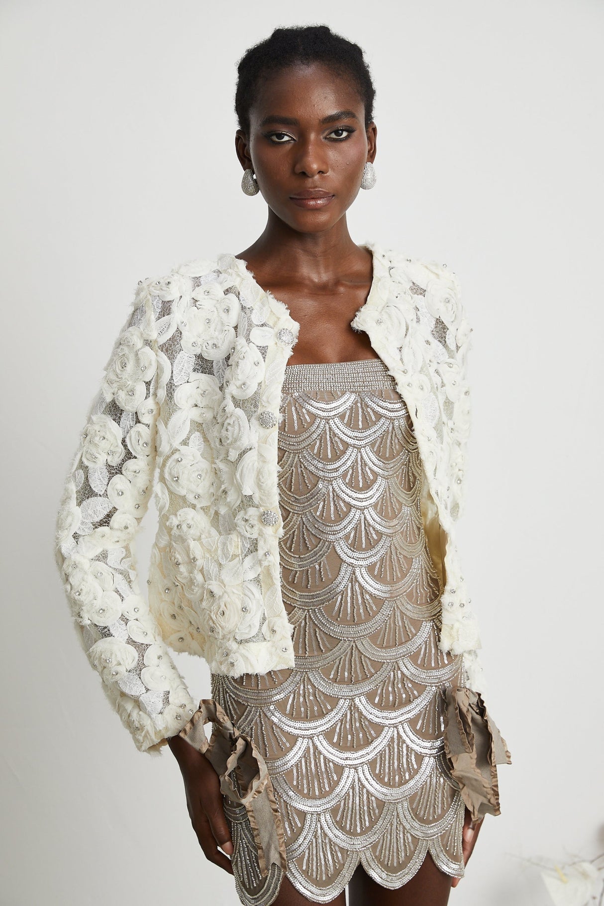 London Jacket White Floral Mesh Crystal & Buttons