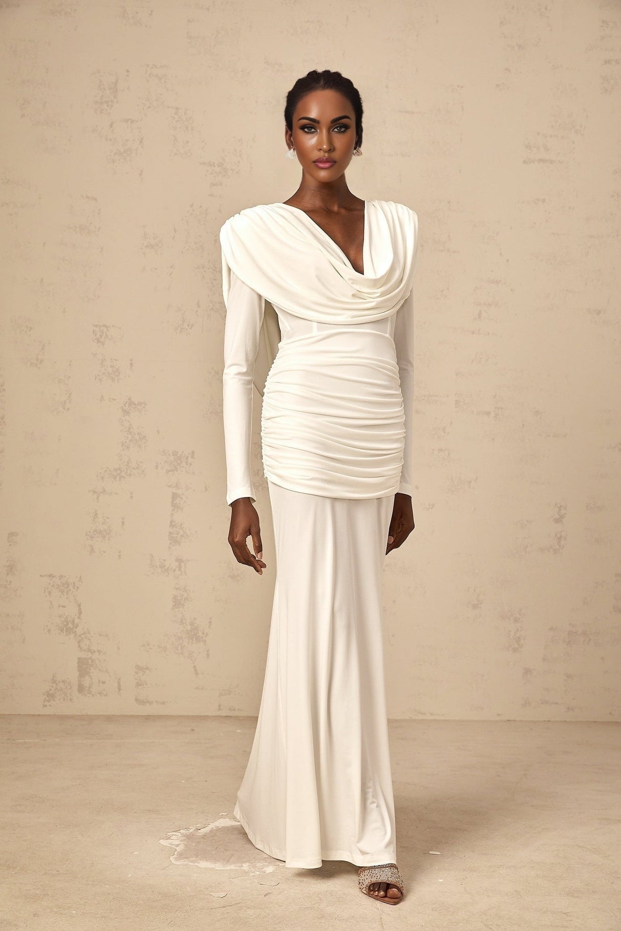 London Maxi Dress with Plunging V - Neck, Open Back and Ruched Details