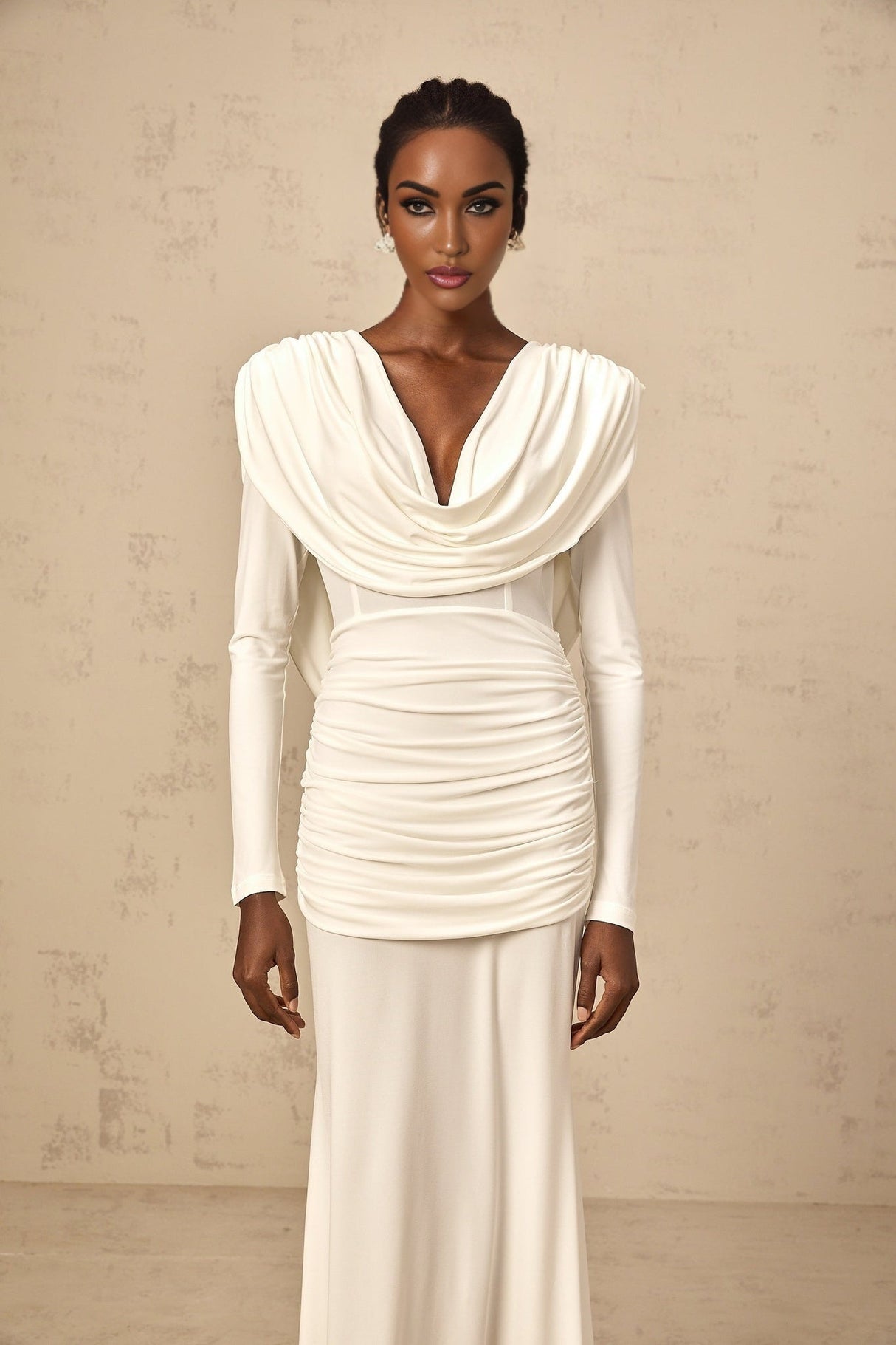 London Maxi Dress with Plunging V - Neck, Open Back and Ruched Details
