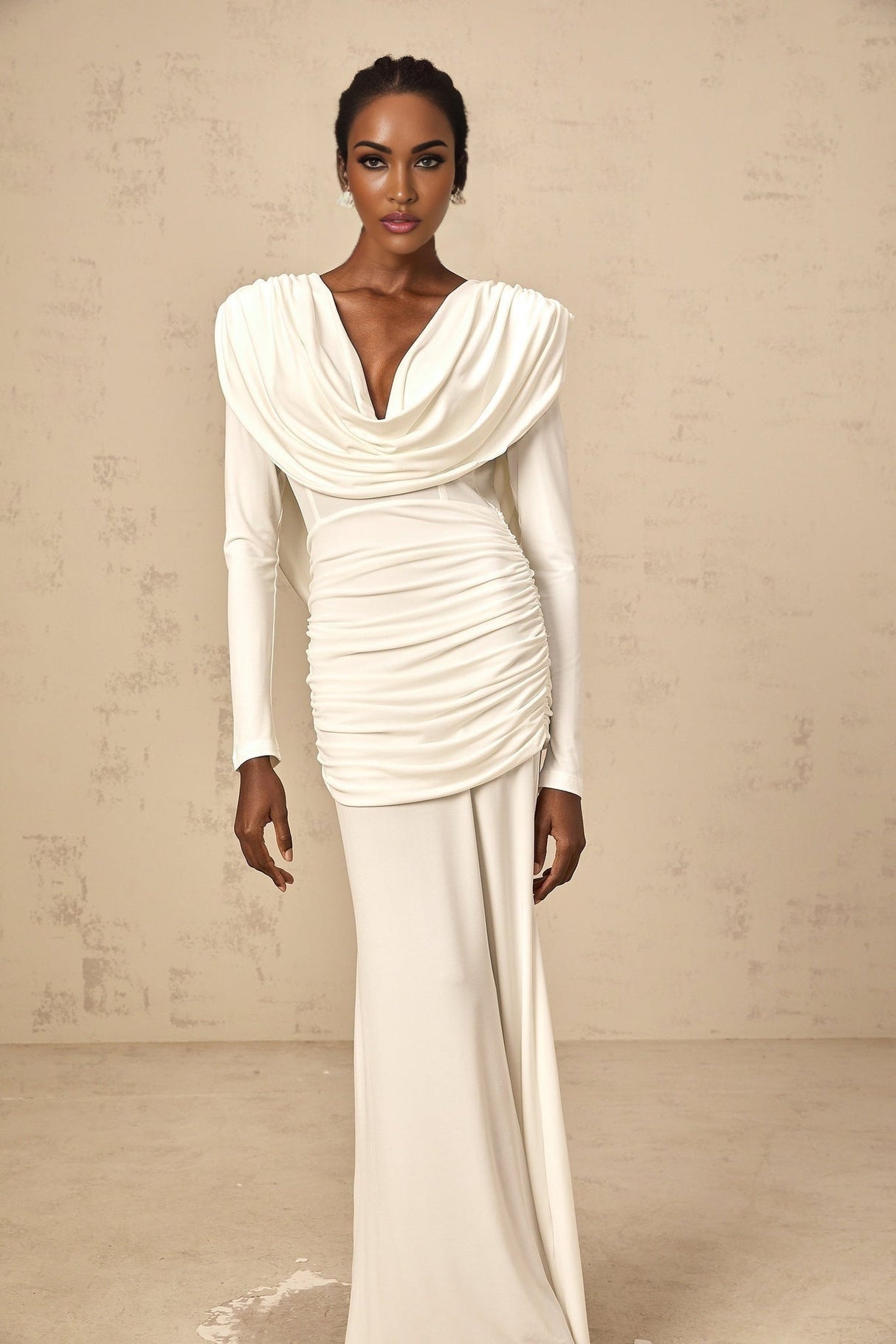 London Maxi Dress with Plunging V - Neck, Open Back and Ruched Details
