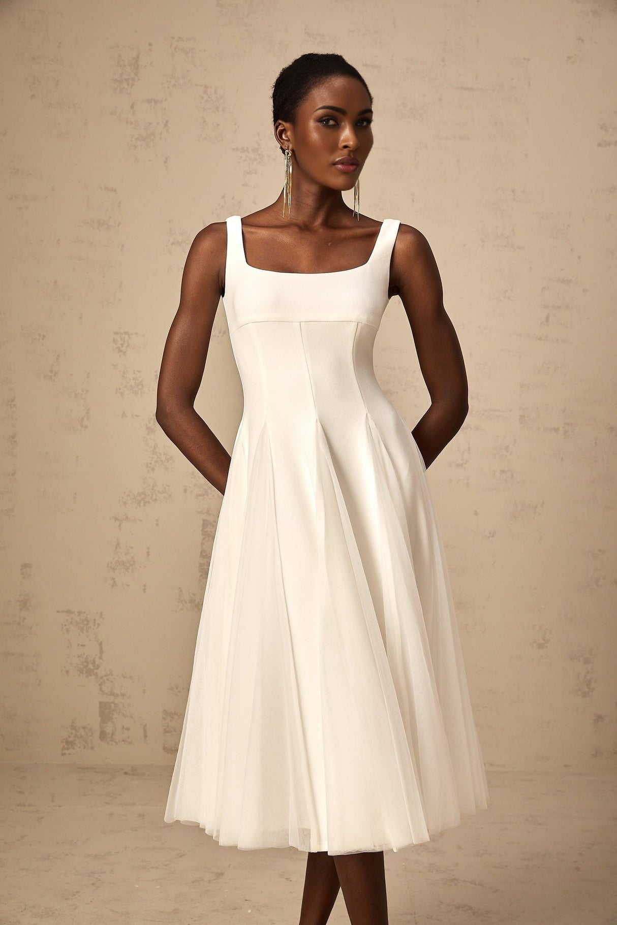 London Midi Dress - Tulle Panelling - Square Neck - Dart Detailing - Godet Design - Full Skirt