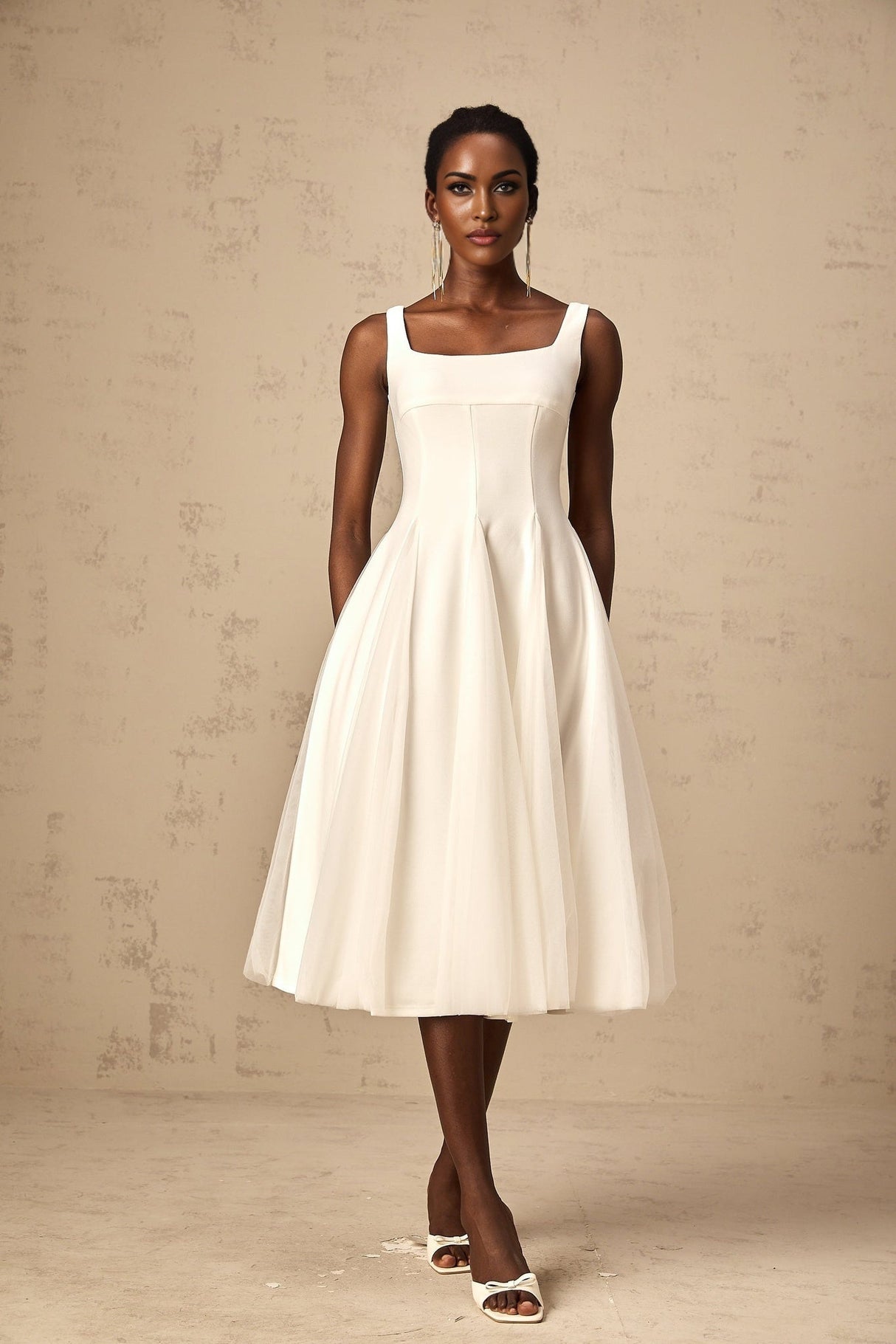 London Midi Dress White Tulle Godet Square Neck Lined Rear Zip