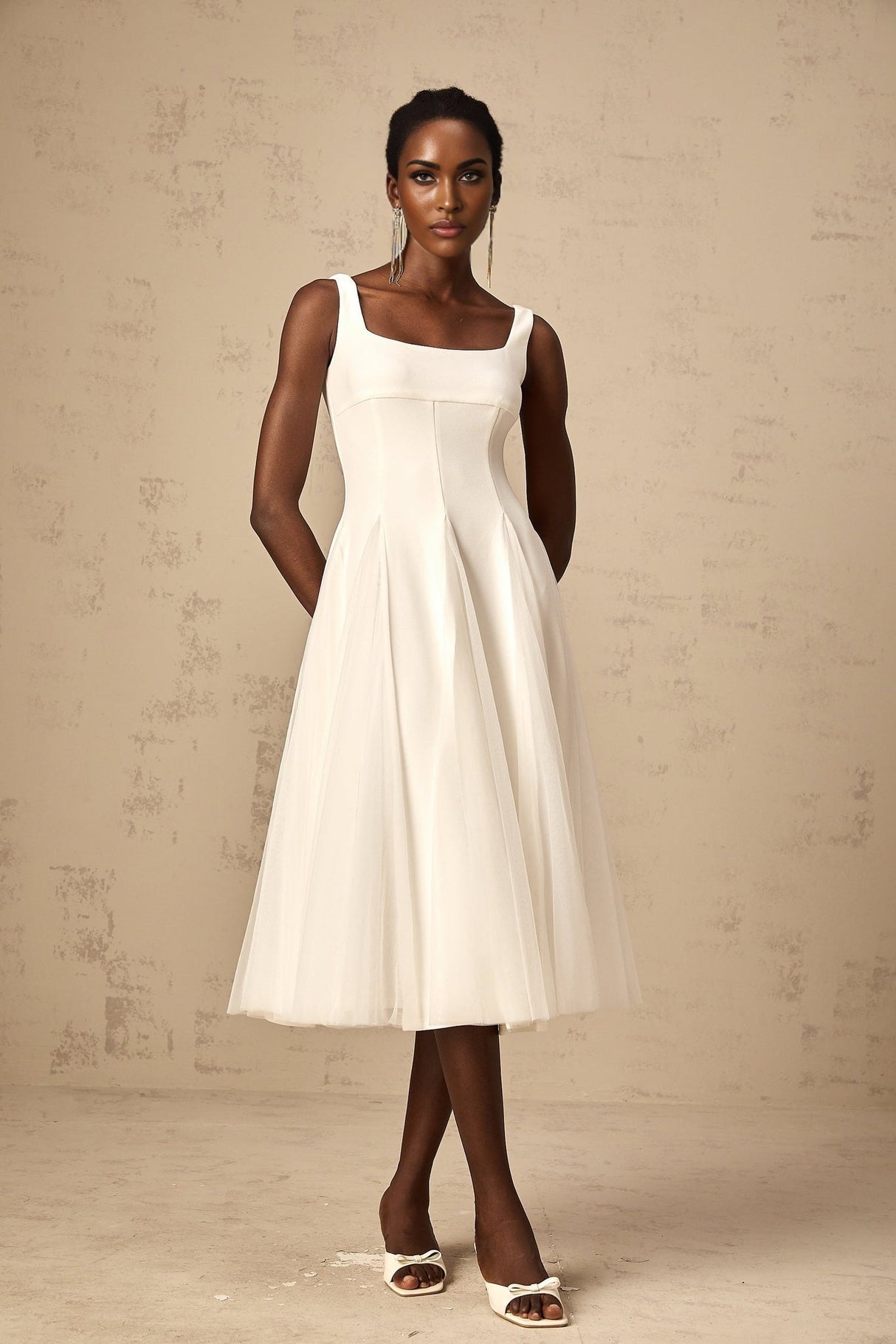 London Midi Dress White Tulle Godet Square Neck Lined Rear Zip
