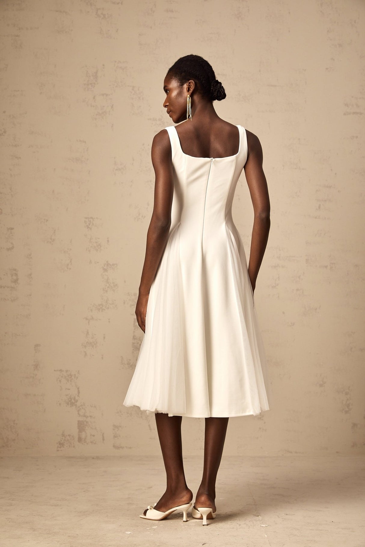 London Midi Dress White Tulle Godet Square Neck Lined Rear Zip