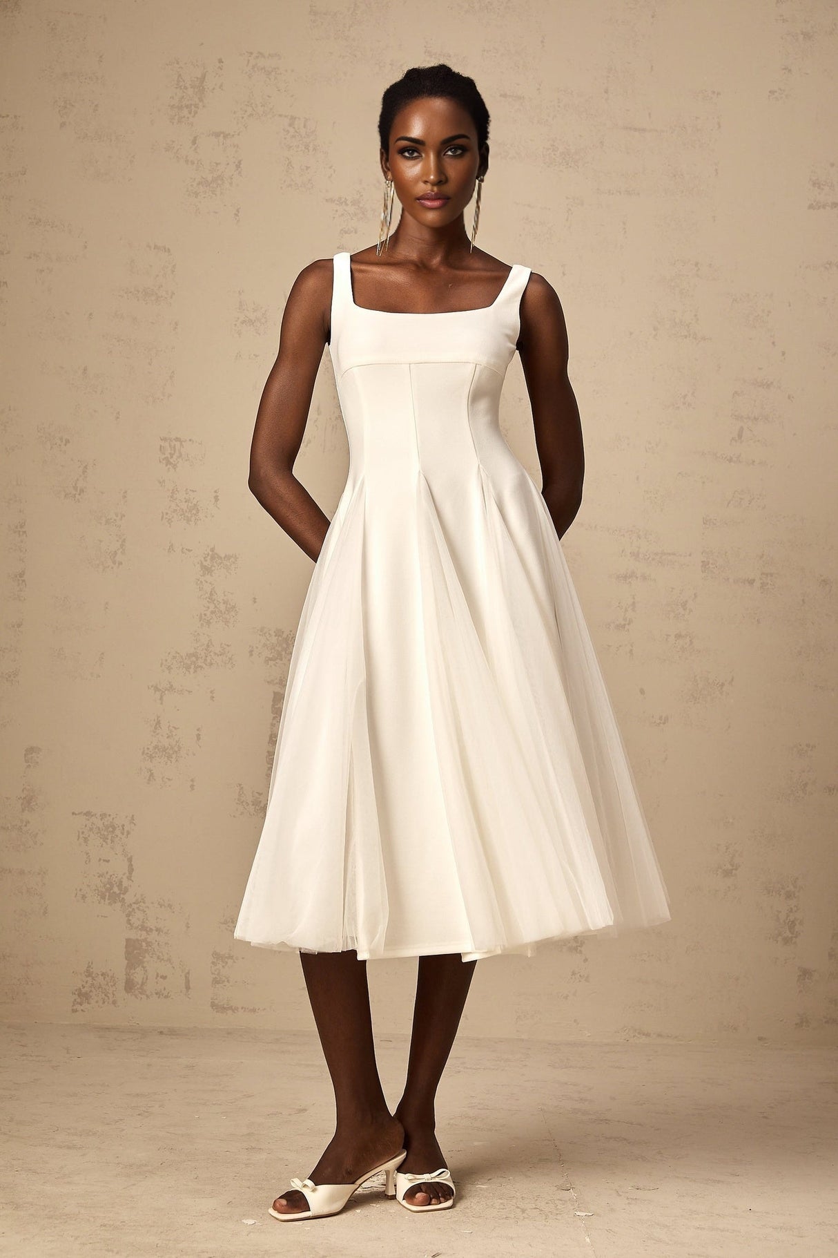 London Midi Dress White Tulle Godet Square Neck Lined Rear Zip