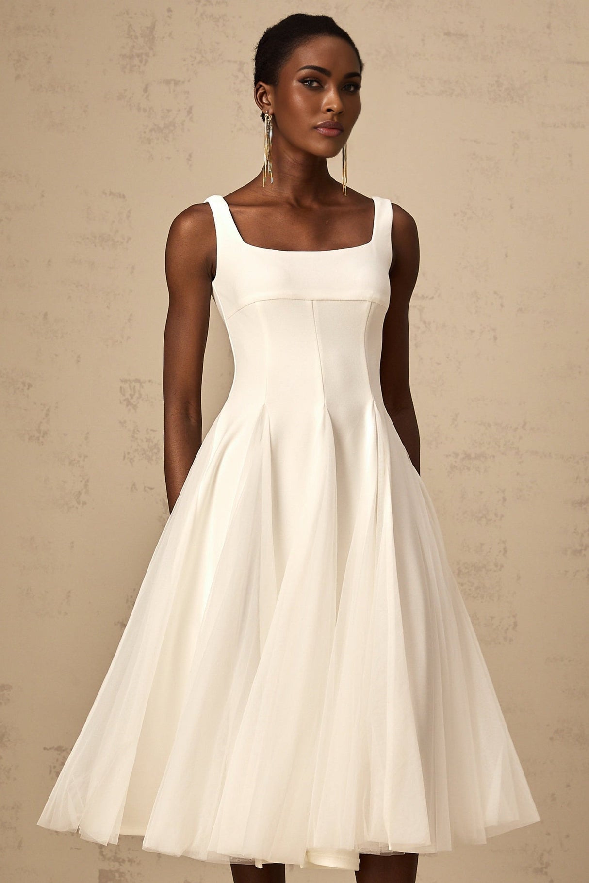 London Midi Dress White Tulle Godet Square Neck Lined Rear Zip