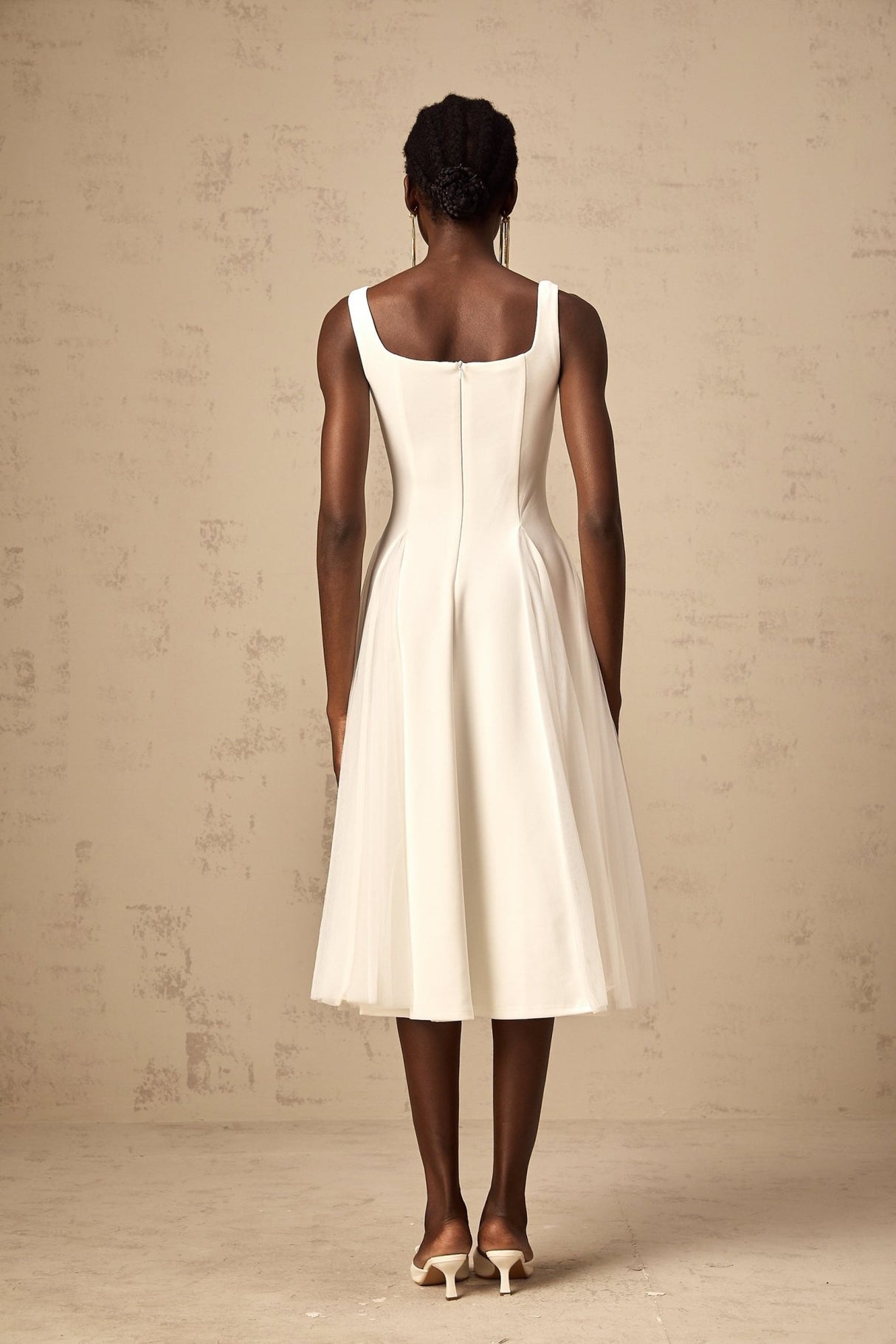 London Midi Dress White Tulle Godet Square Neck Lined Rear Zip