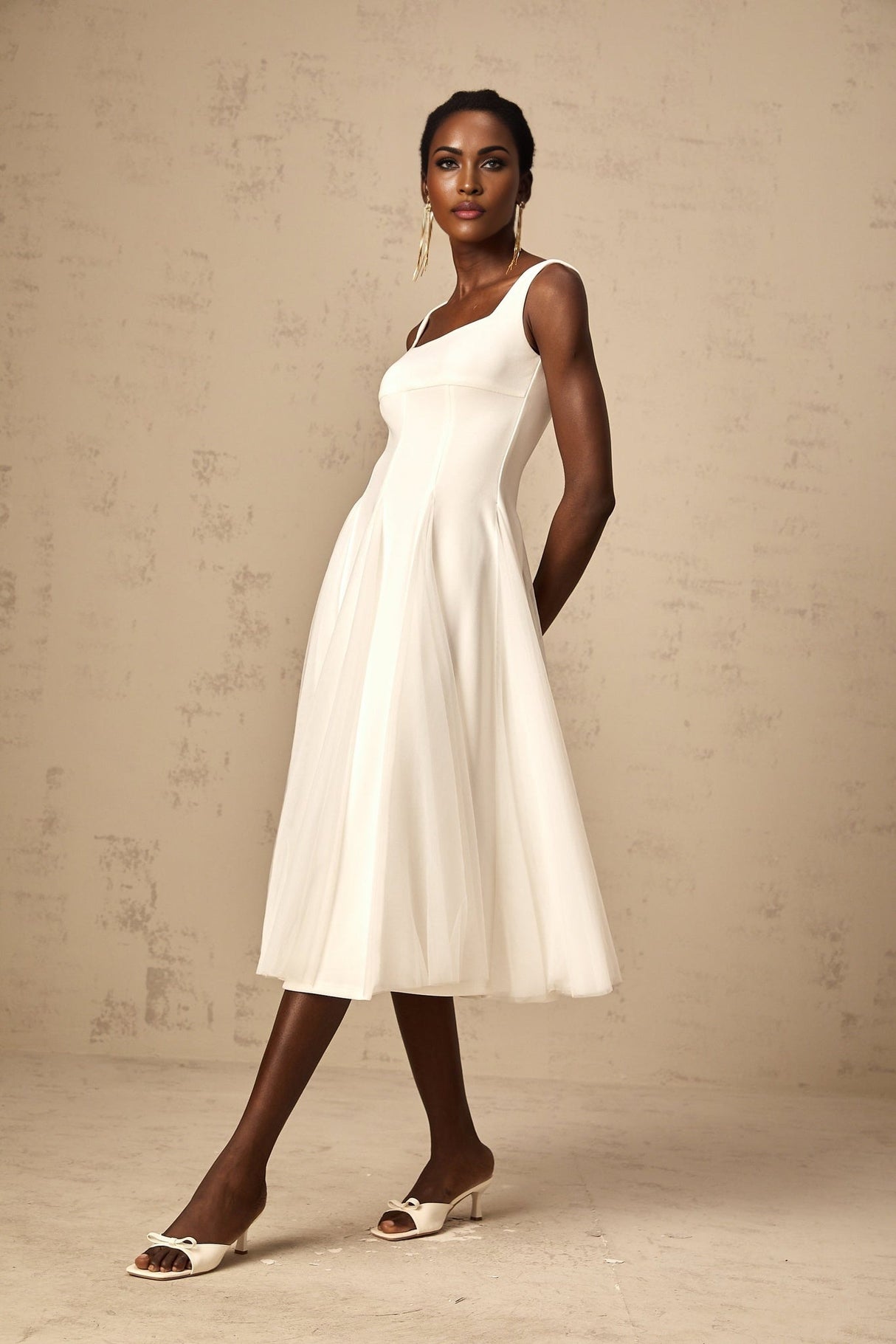 London Midi Dress White Tulle Godet Square Neck Lined Rear Zip