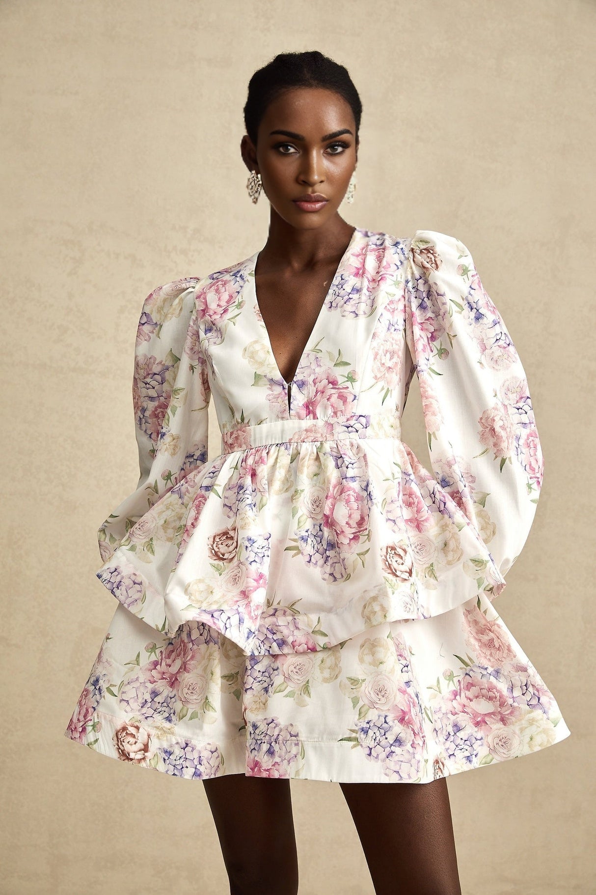 London Mini Dress Floral Tiered VNeck White Multicolor