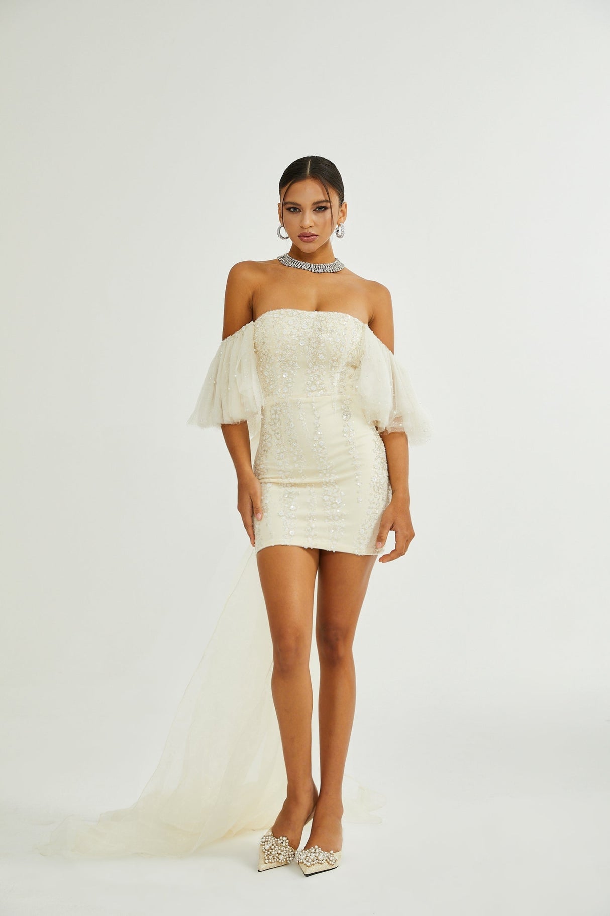 London Sequin Mini Dress with Mesh & Faux Pearl Embellishment