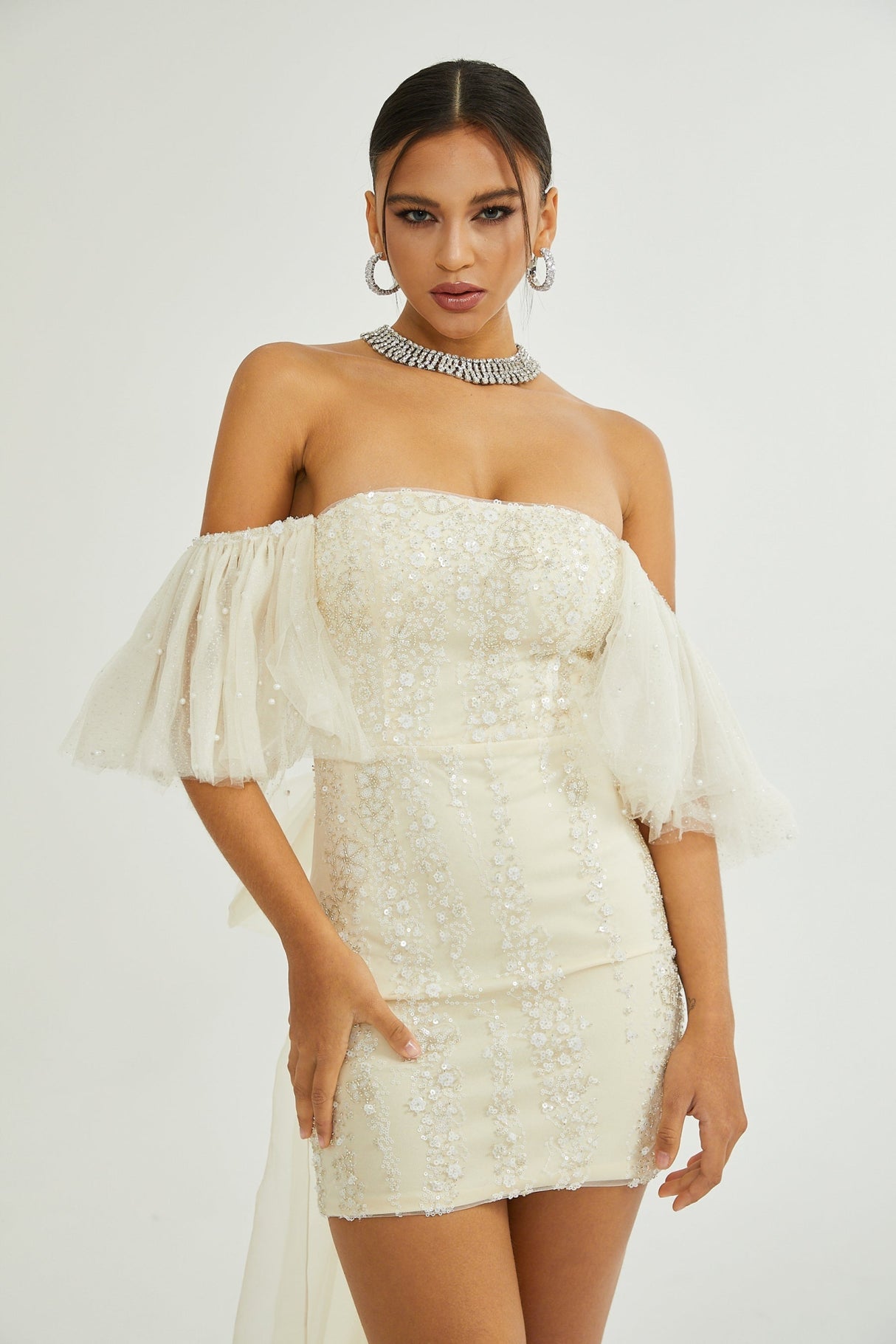 London Sequin Mini Dress with Mesh & Faux Pearl Embellishment