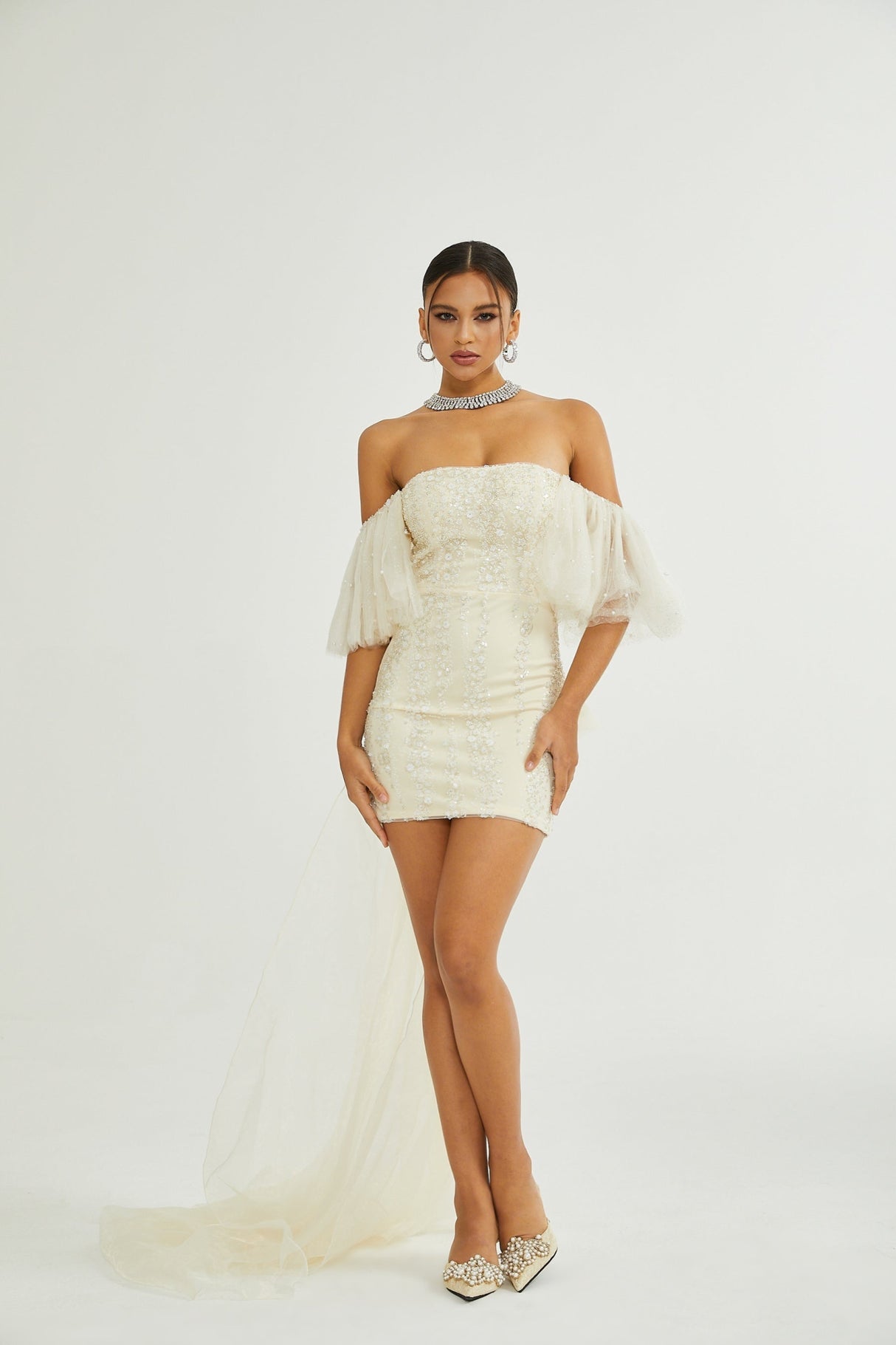 London Sequin Mini Dress with Mesh & Faux Pearl Embellishment