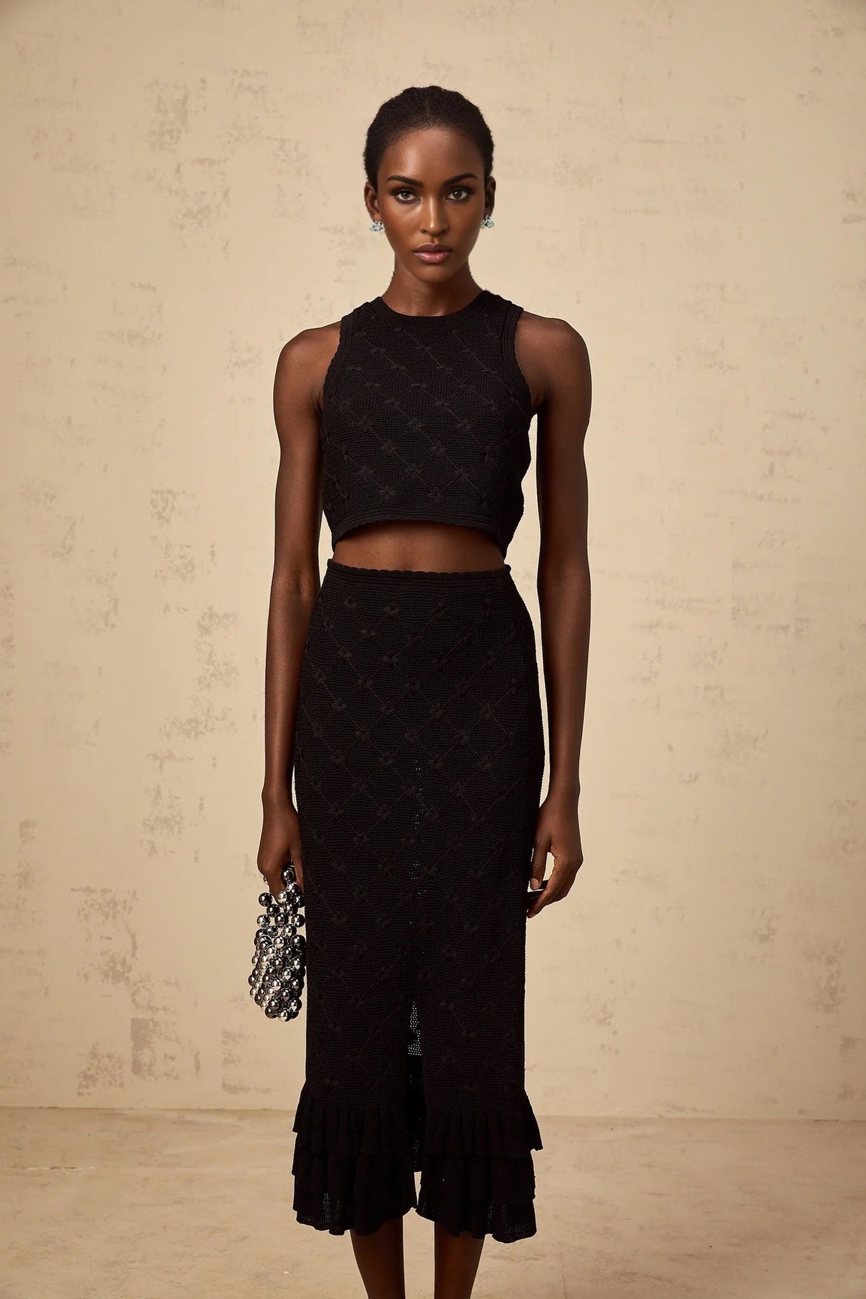 London Top & Skirt Set Crochet - Knit & Black Ruffle Detail Elastic Waist Calf - Length