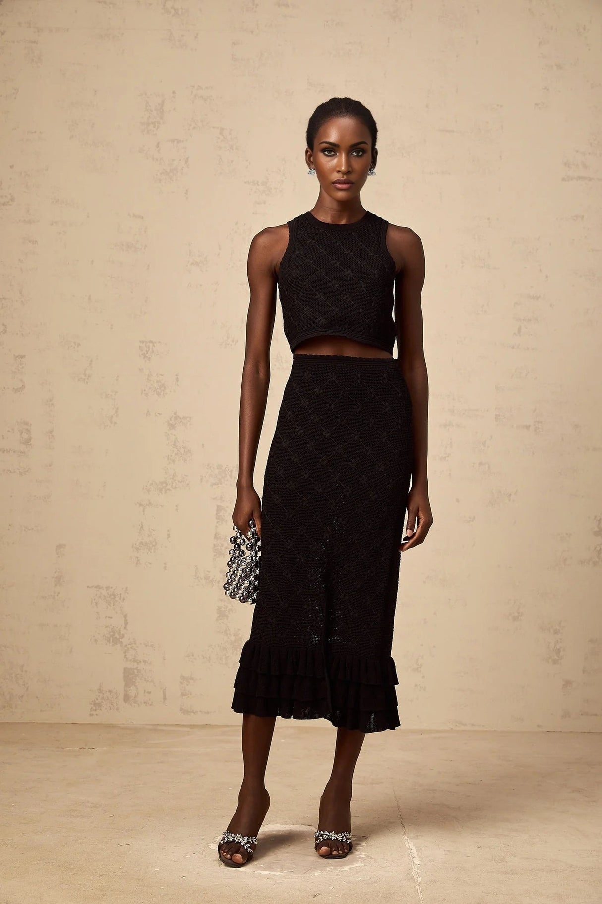 London Top & Skirt Set Crochet - Knit & Black Ruffle Detail Elastic Waist Calf - Length