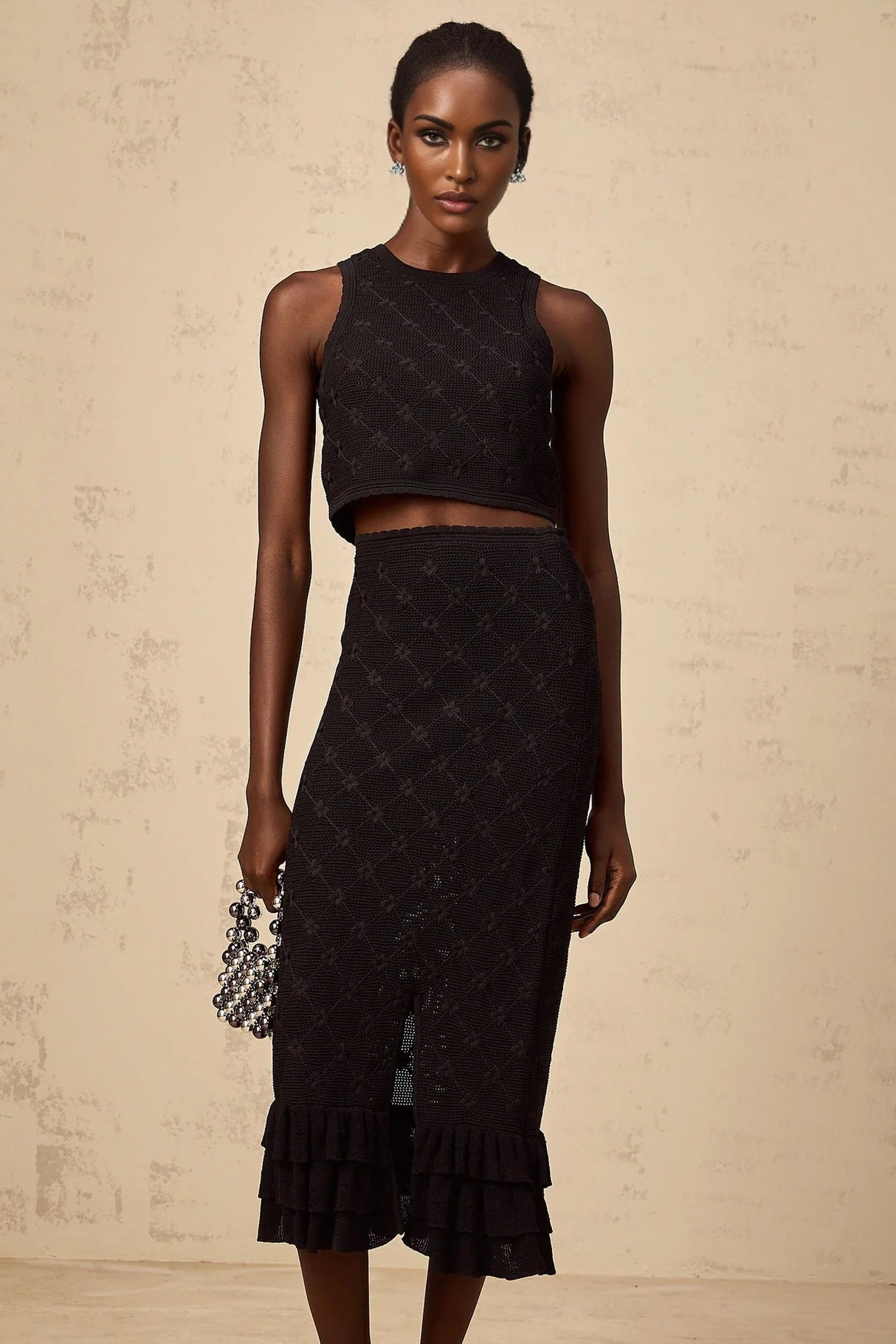 London Top & Skirt Set Crochet - Knit & Black Ruffle Detail Elastic Waist Calf - Length