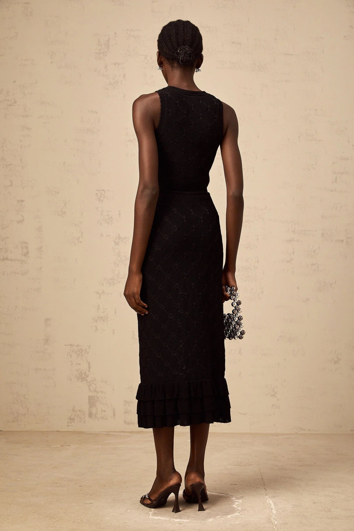 London Top & Skirt Set Crochet - Knit & Black Ruffle Detail Elastic Waist Calf - Length