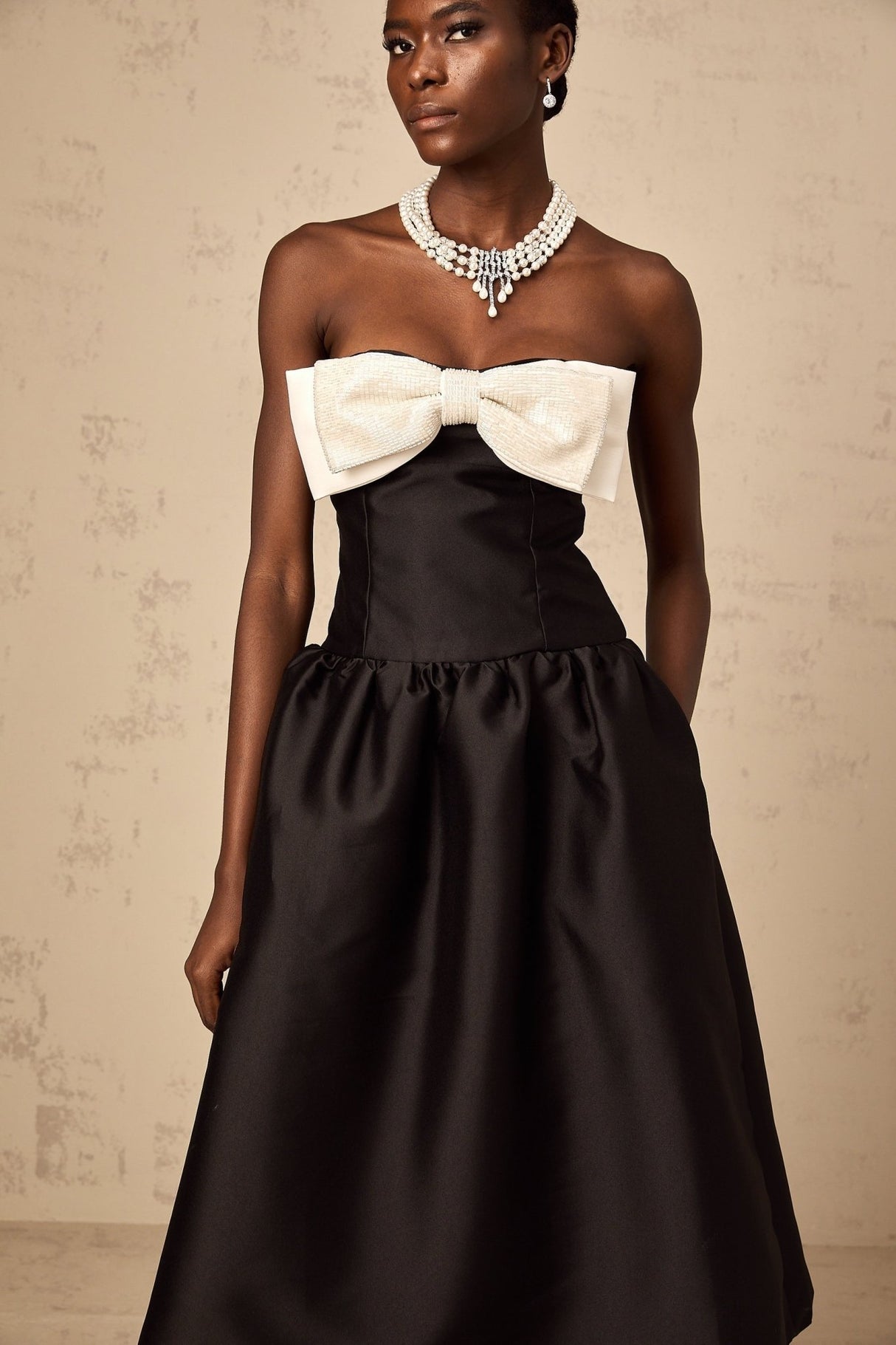 Loredana Midi Dress Black Off - Shoulder Bowknot Embellished Puff Skirt