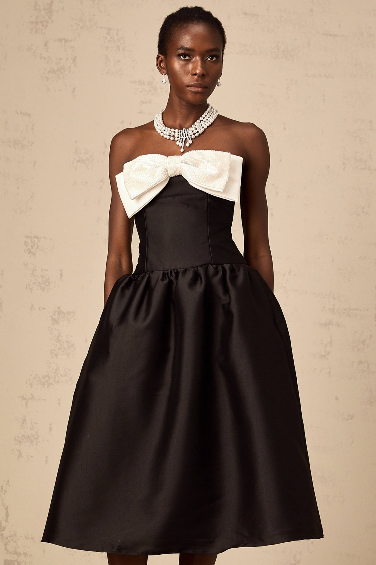 Loredana Midi Dress - Off - the - shoulder - Strapless - Bowknot Embellished - Puff Skirt