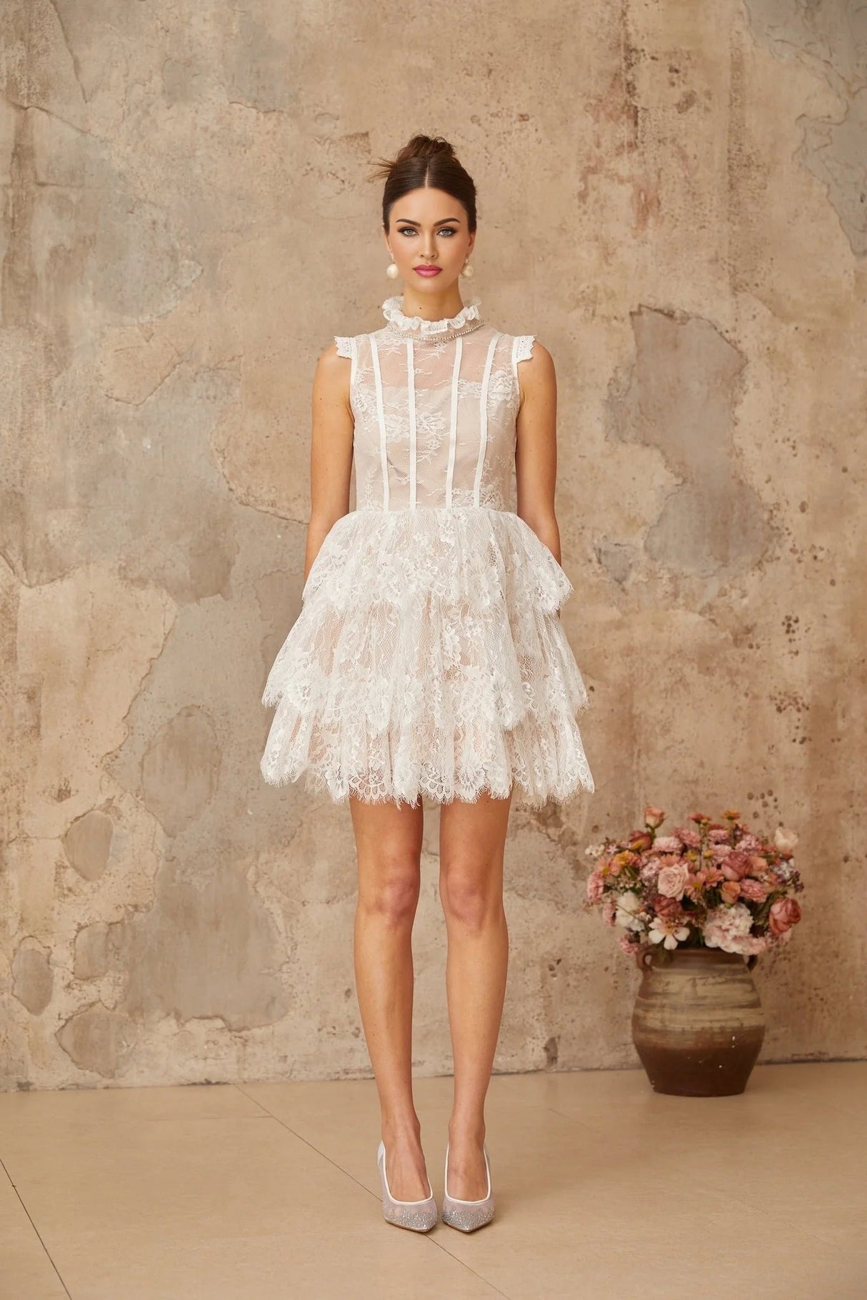 Loredana Mini Dress White Floral - Lace Crystal Embellished