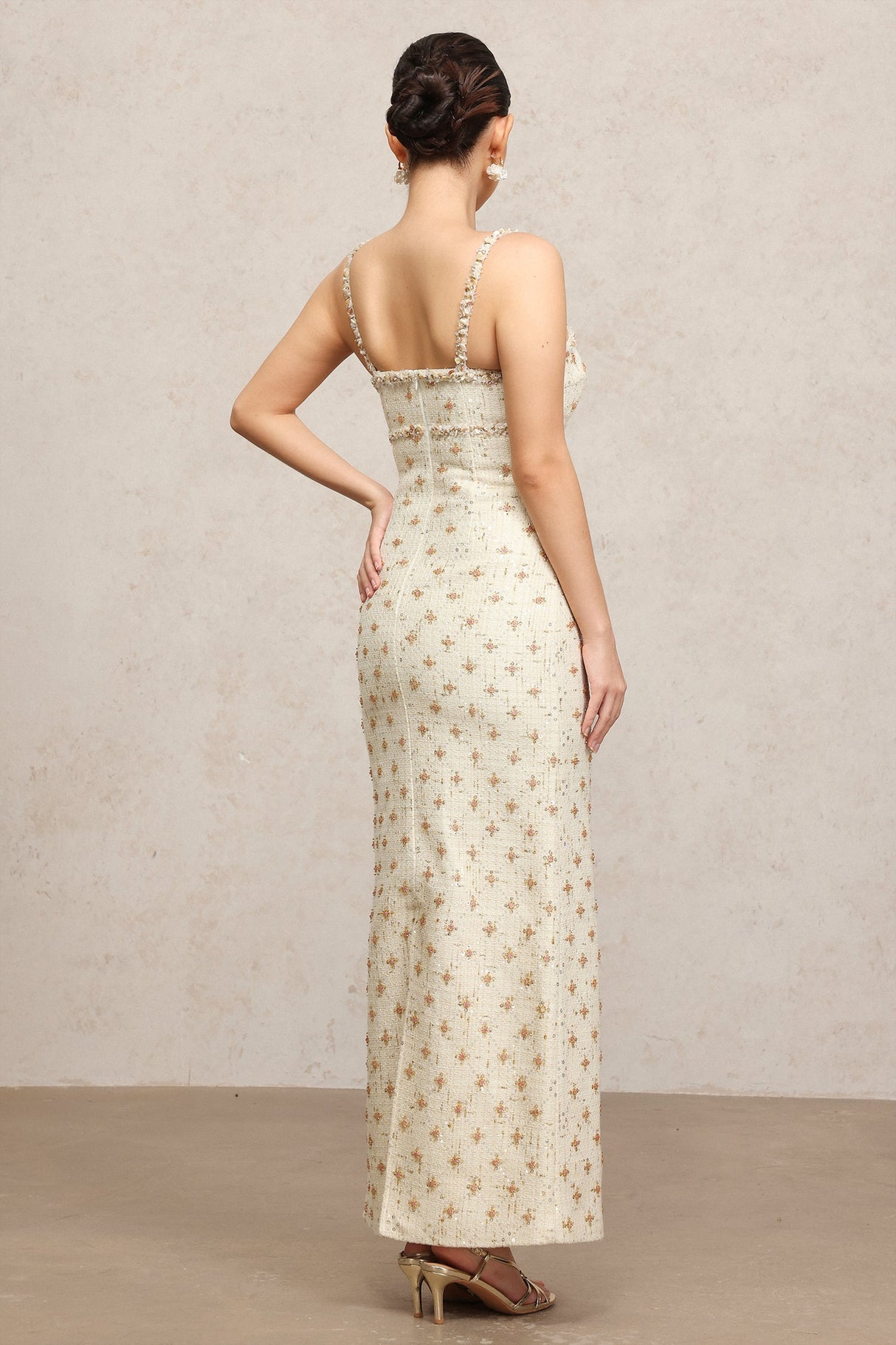 Lorelai Beige Sequin Halter Maxi Dress