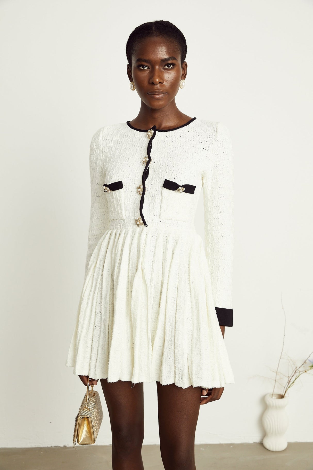 Lorelai Mini Dress White Black Ribbed Knit Pleated Trim & Pockets
