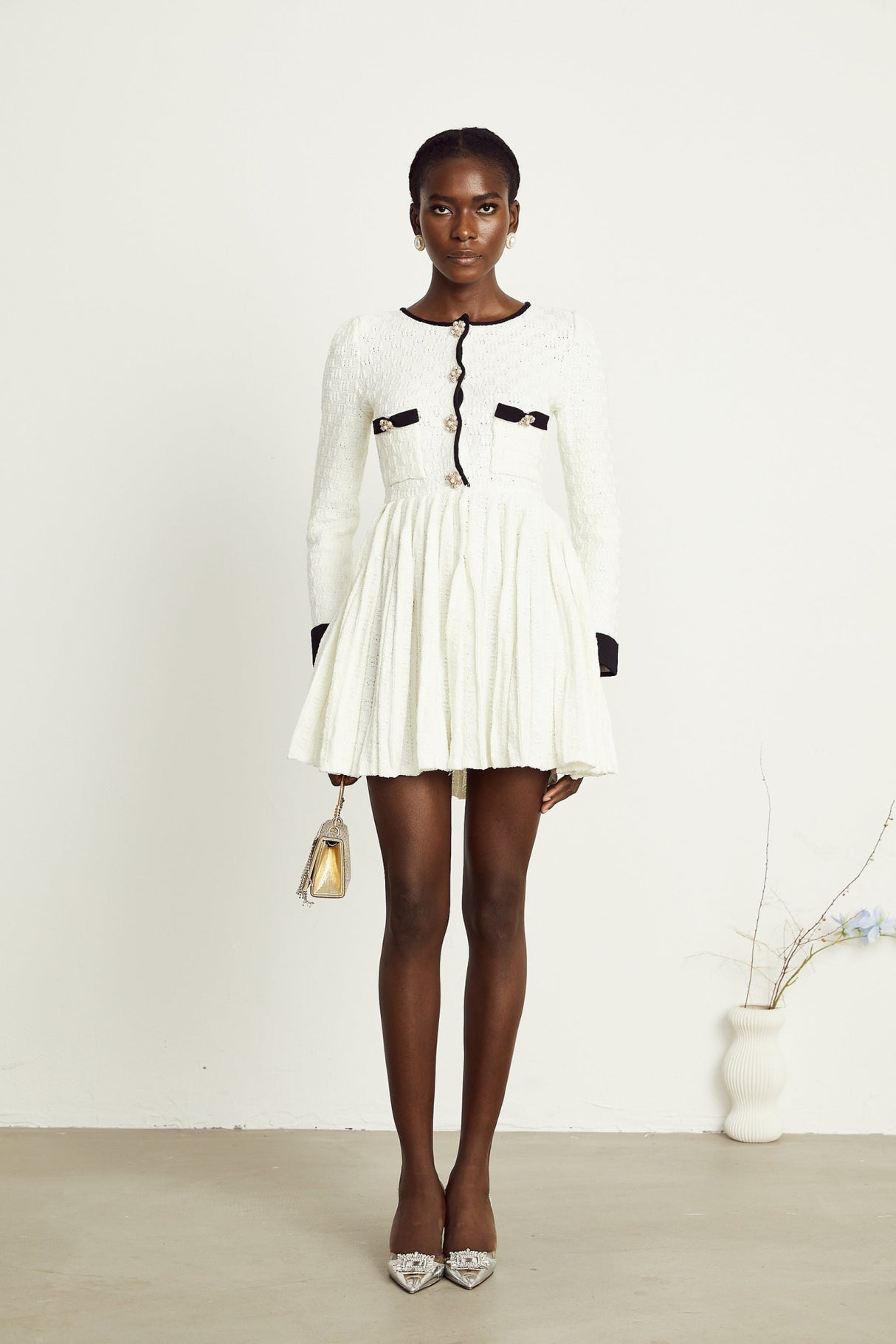 Lorelai Mini Dress White Black Ribbed Knit Pleated Trim & Pockets