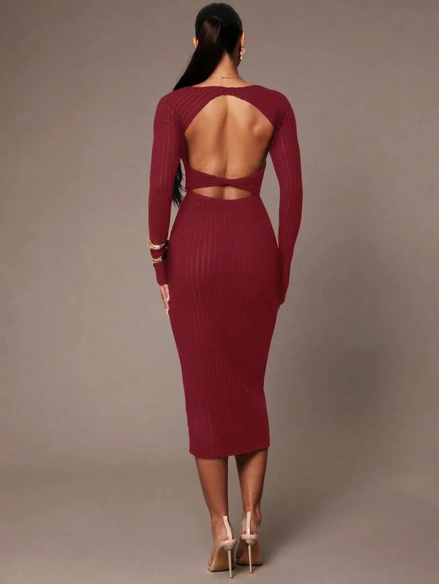 Lorelei Midi Dress - Elegant Style - Backless Design - Rib - Knit Details - Slim Fit - High Stretch Fabric