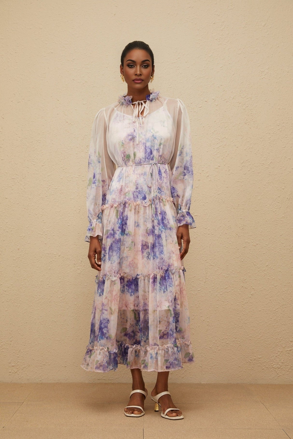 Lorelei Midi Dress - Frilled Neck - Puff Sleeves - Tied Waist - Floral Print - Tiered Design