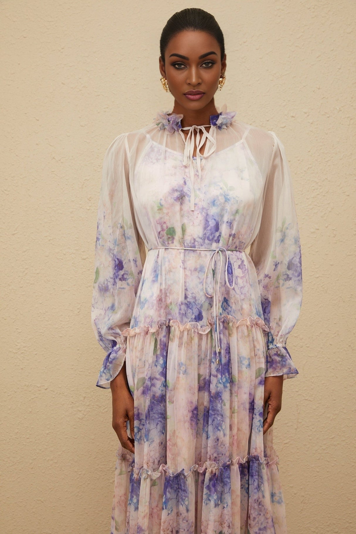 Lorelei Midi Dress - Frilled Neck - Puff Sleeves - Tied Waist - Floral Print - Tiered Design