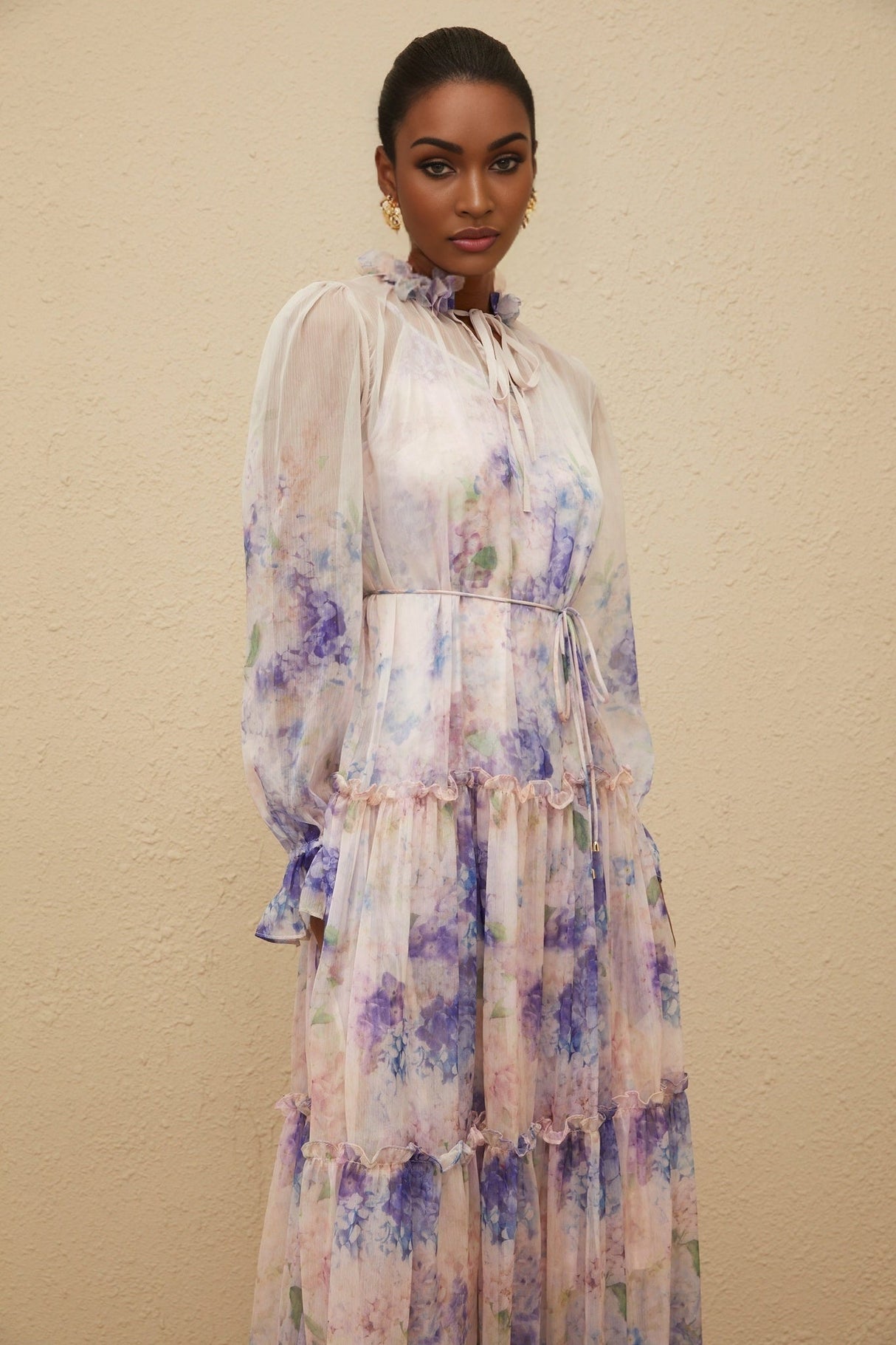 Lorelei Midi Dress - Frilled Neck - Puff Sleeves - Tied Waist - Floral Print - Tiered Design