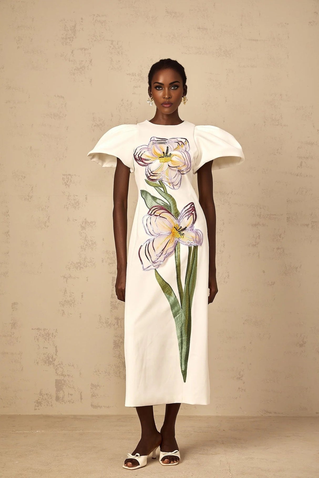 Lorelei Midi Dress White Sequin Floral Embroidered