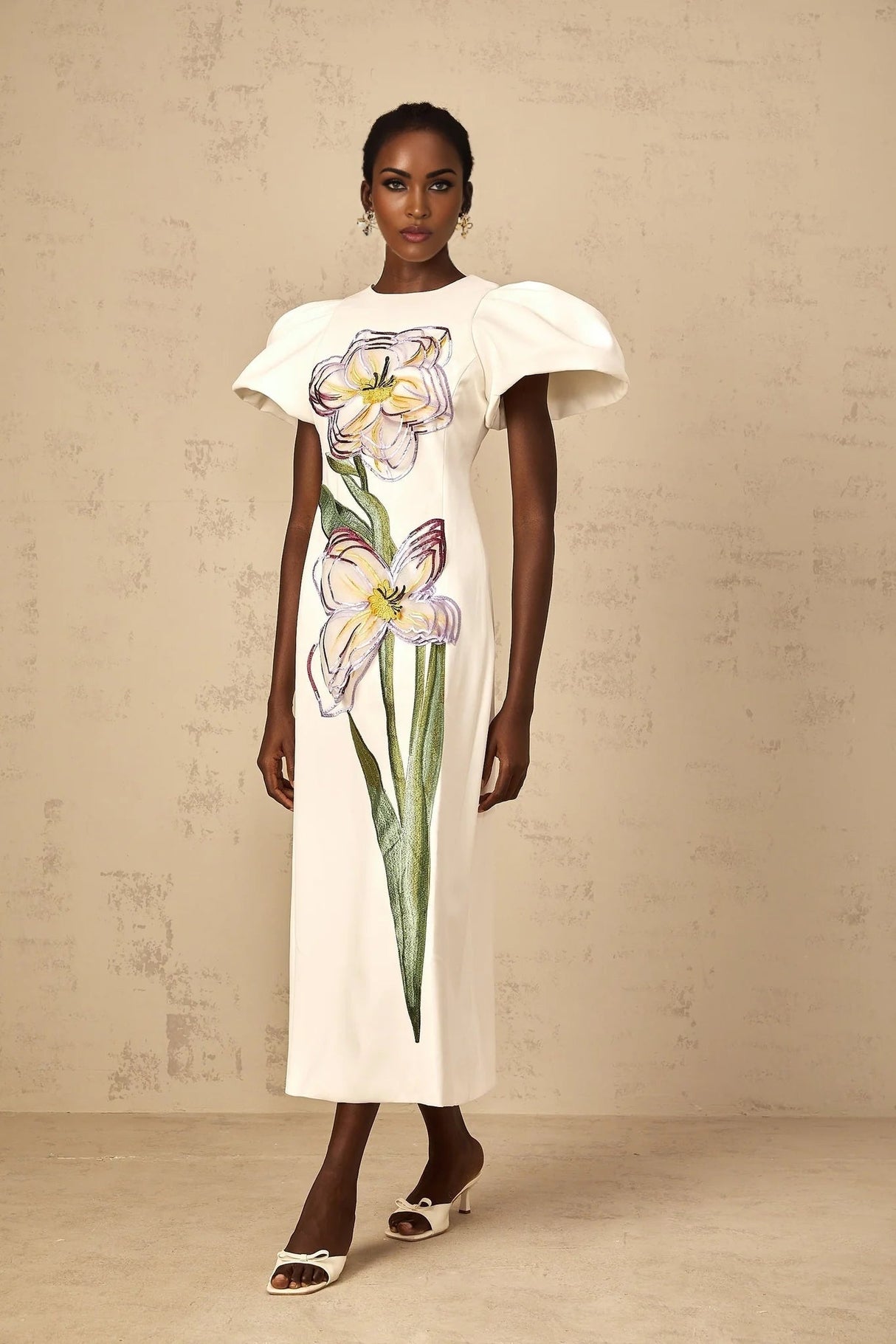 Lorelei Midi Dress White Sequin Floral Embroidered