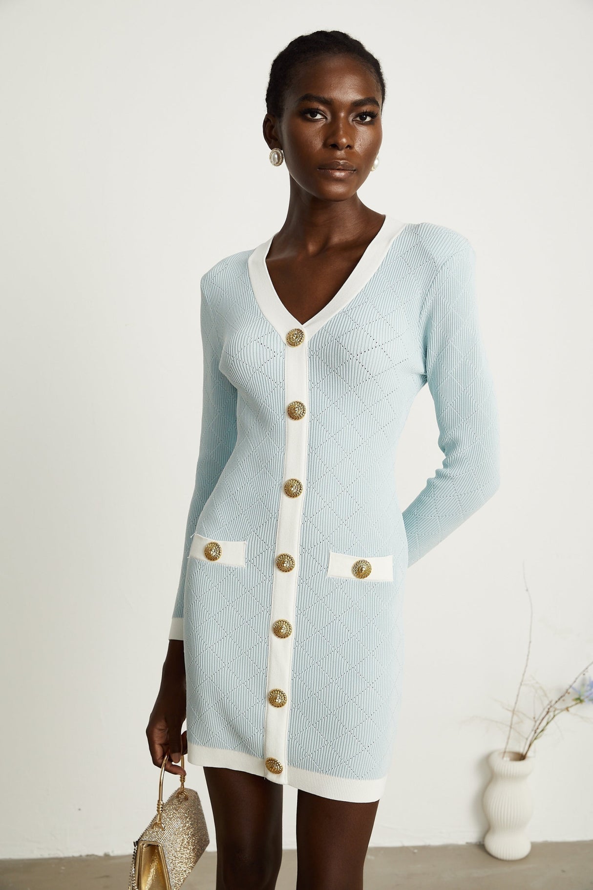 Lorelei Mini Dress Blue Check VNeck Button Detail