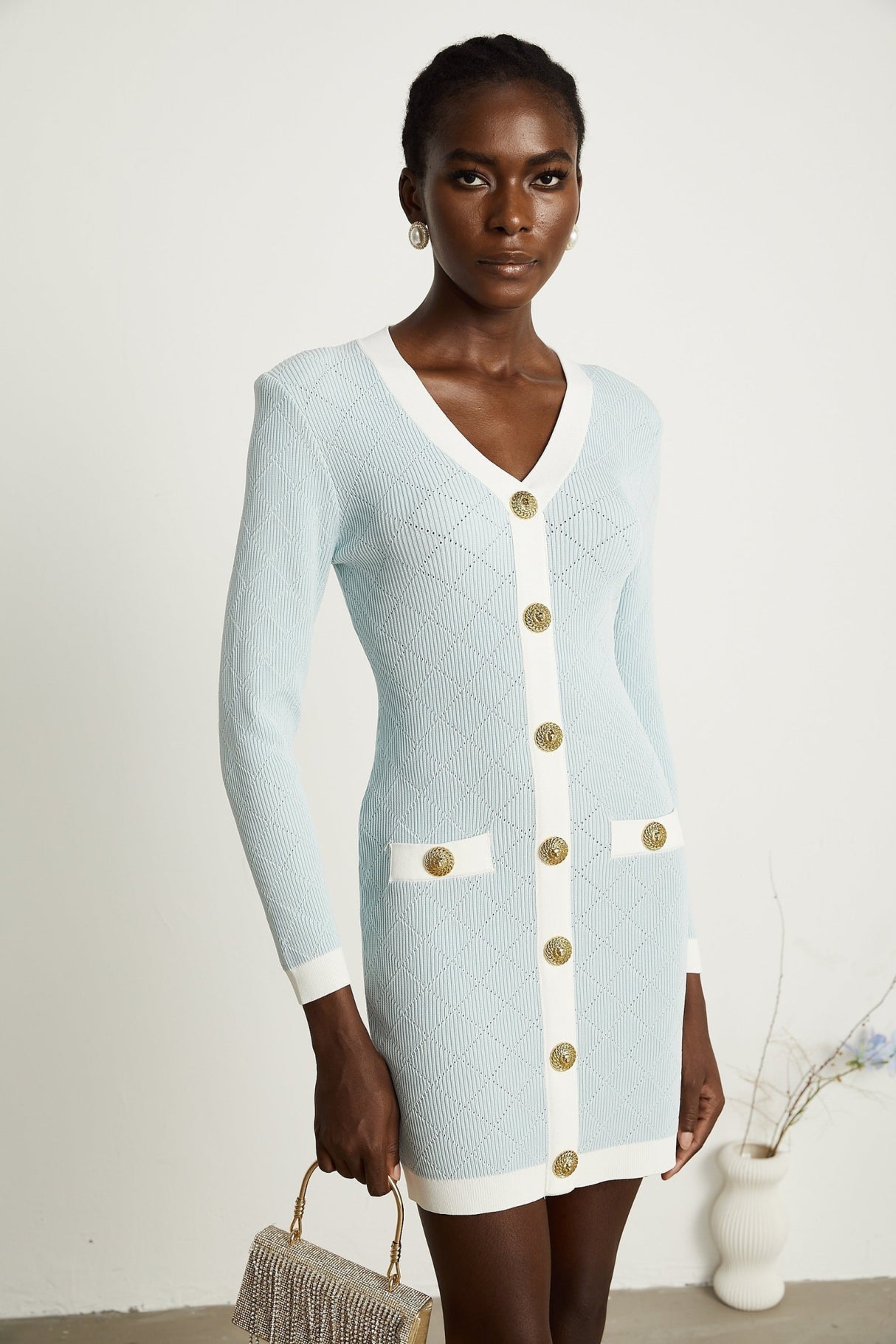 Lorelei Mini Dress Blue Check VNeck Button Detail