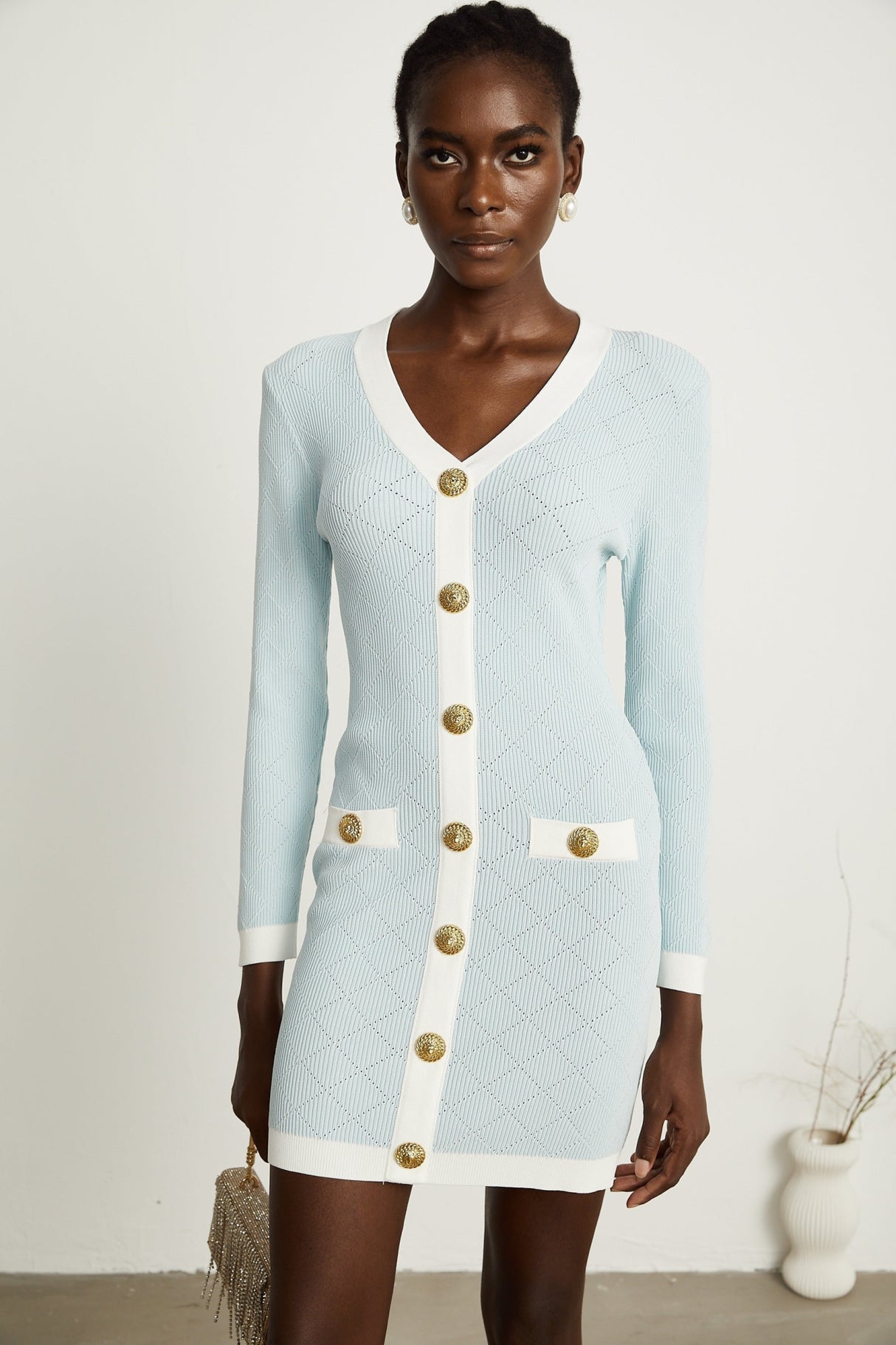 Lorelei Mini Dress Blue Check VNeck Button Detail