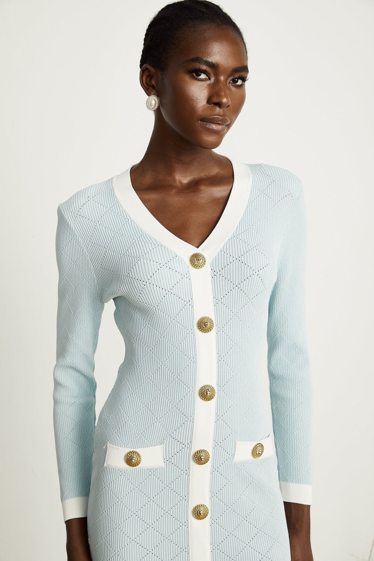 Lorelei Mini Dress Blue Check VNeck Button Detail