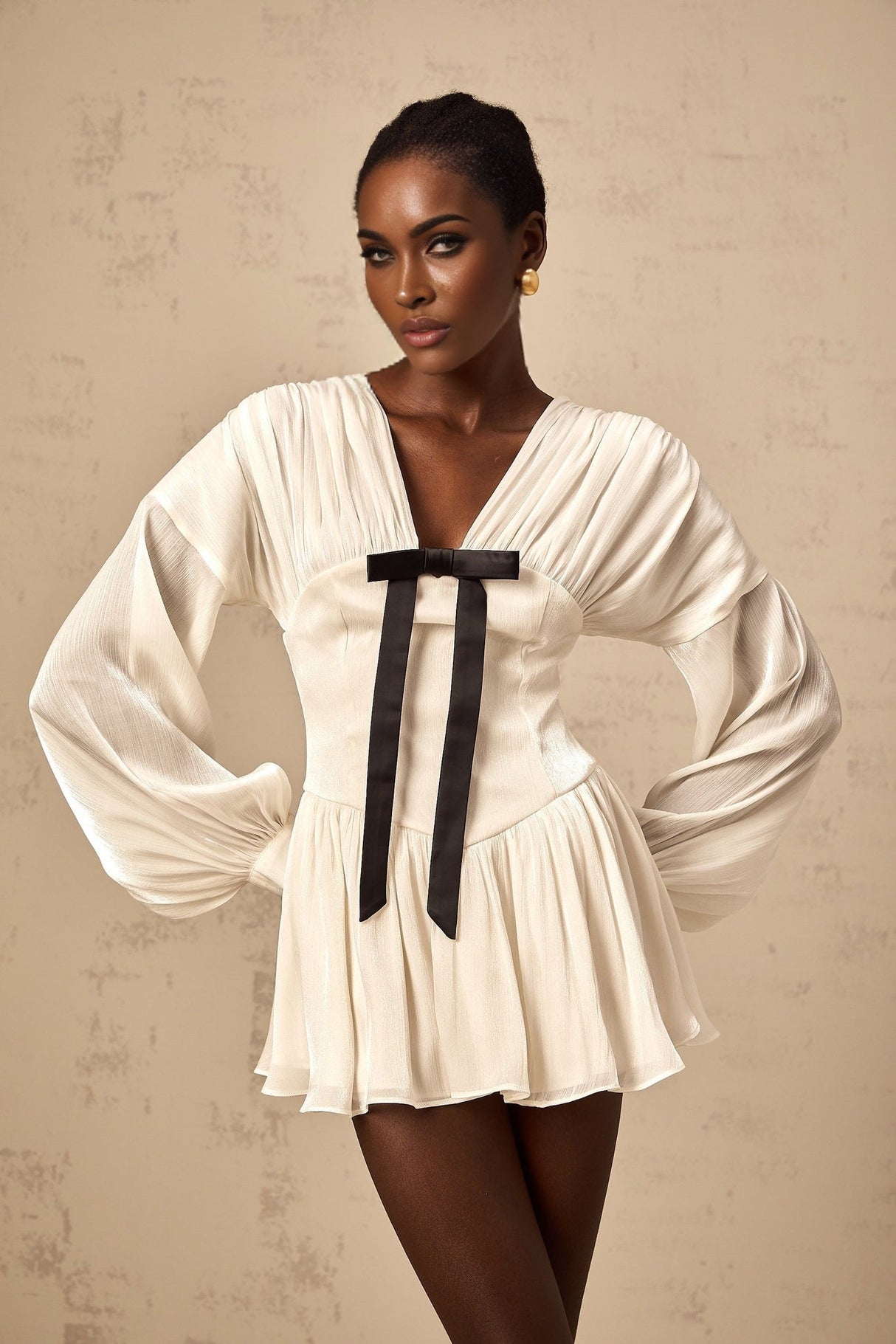 Lorelei Mini Dress Glitter Bow VNeck Thigh Length White & Black