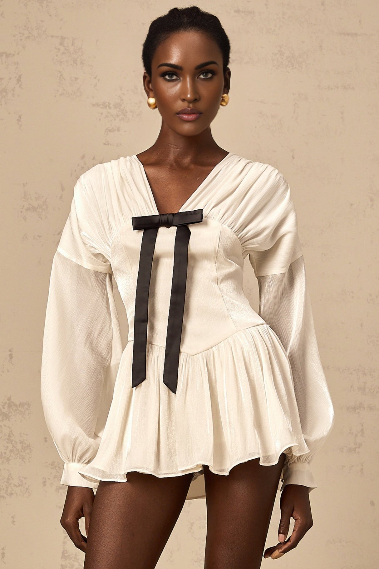 Lorelei Mini Dress Glitter Bow VNeck Thigh Length White & Black