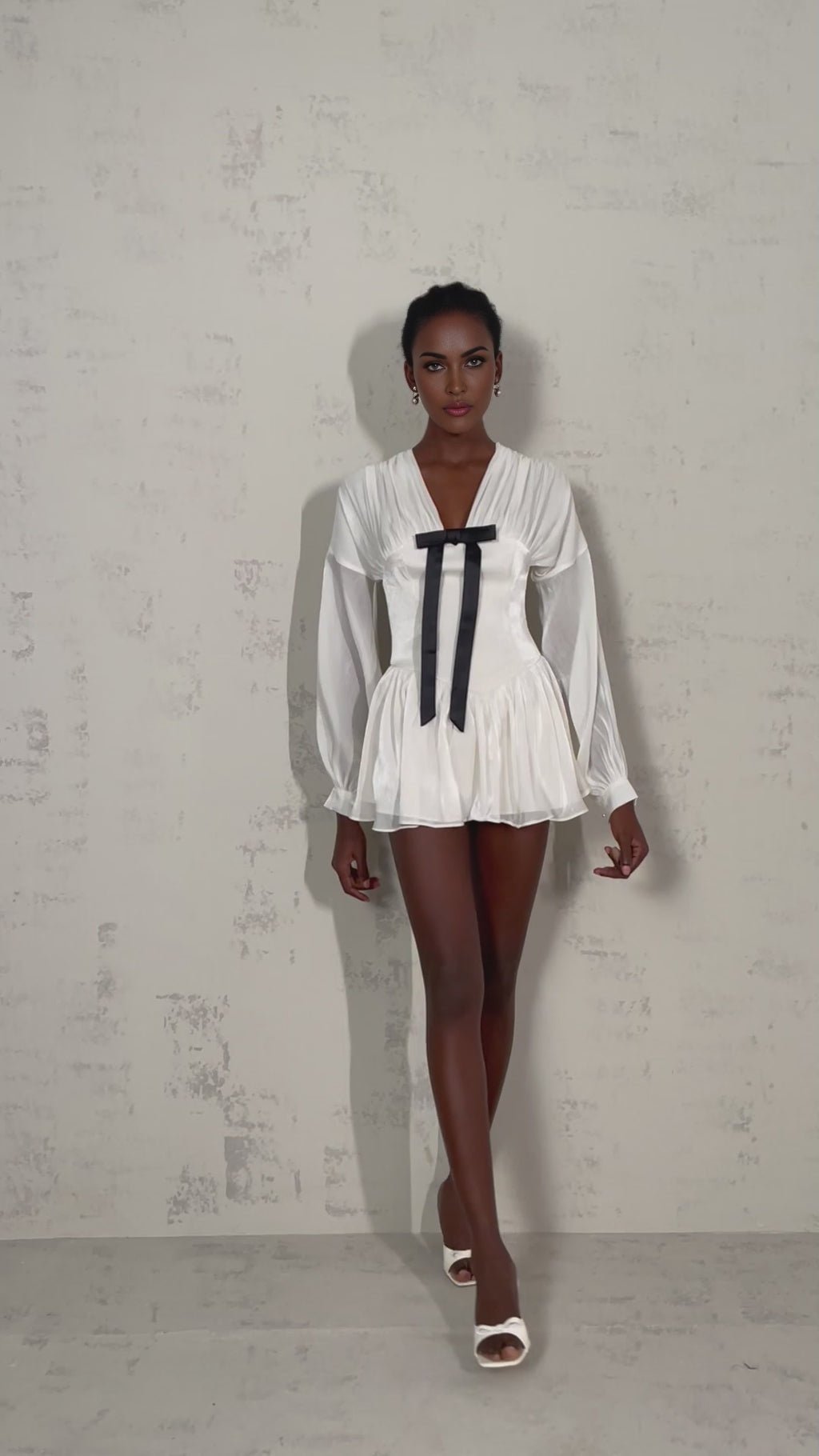 Lorelei Mini Dress Glitter Bow VNeck Thigh Length White & Black